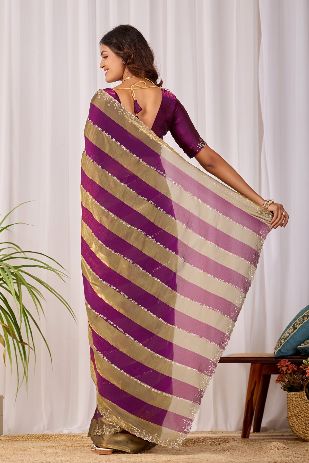 SANCHITA Satin Embellished Embroidered Saree - Wine