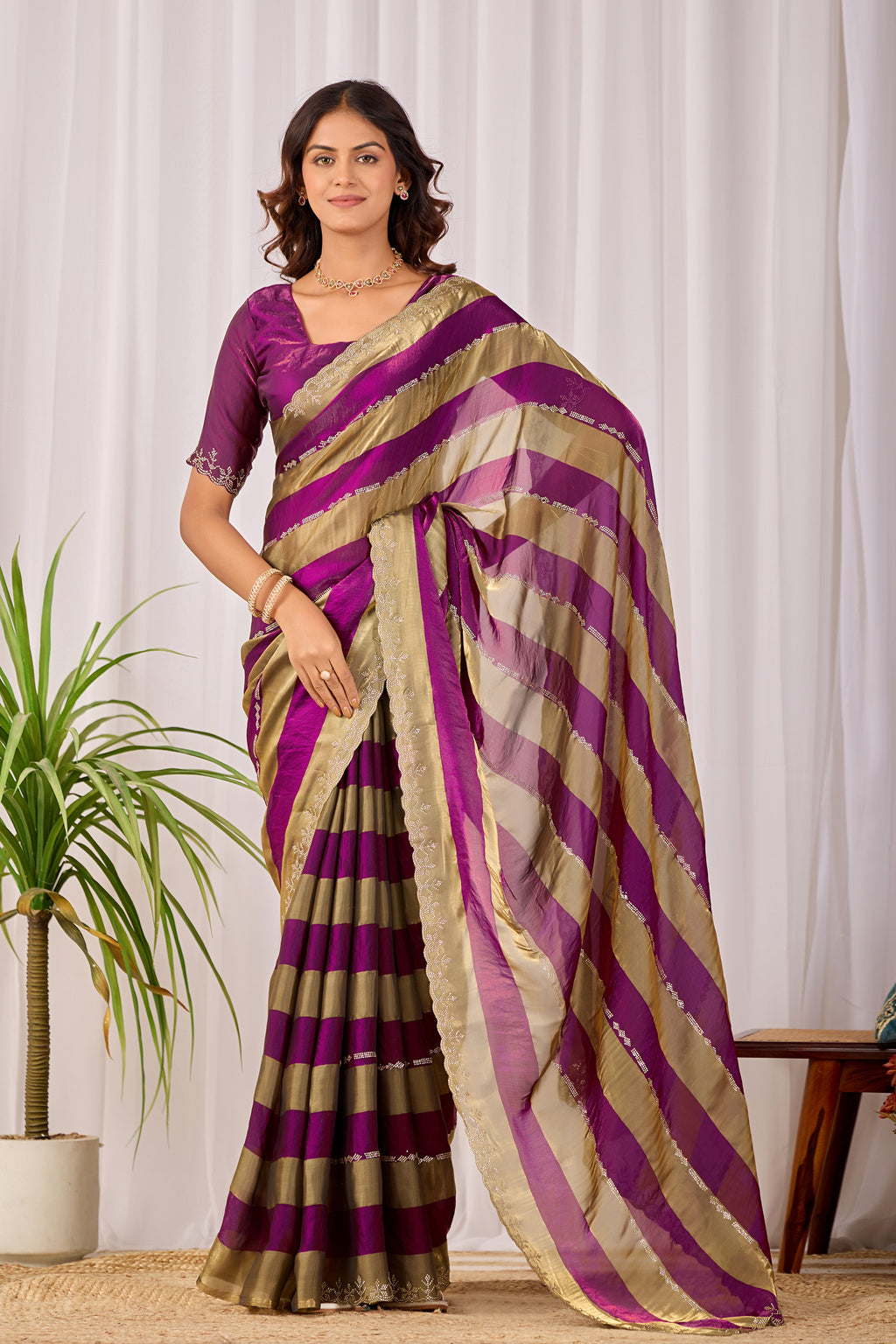 SANCHITA Satin Embellished Embroidered Saree - Wine
