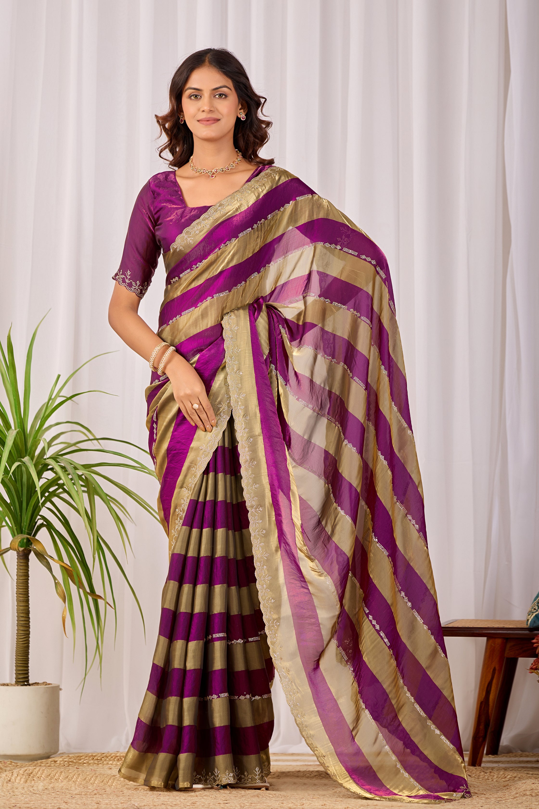 SANCHITA Satin Embellished Embroidered Saree - Wine