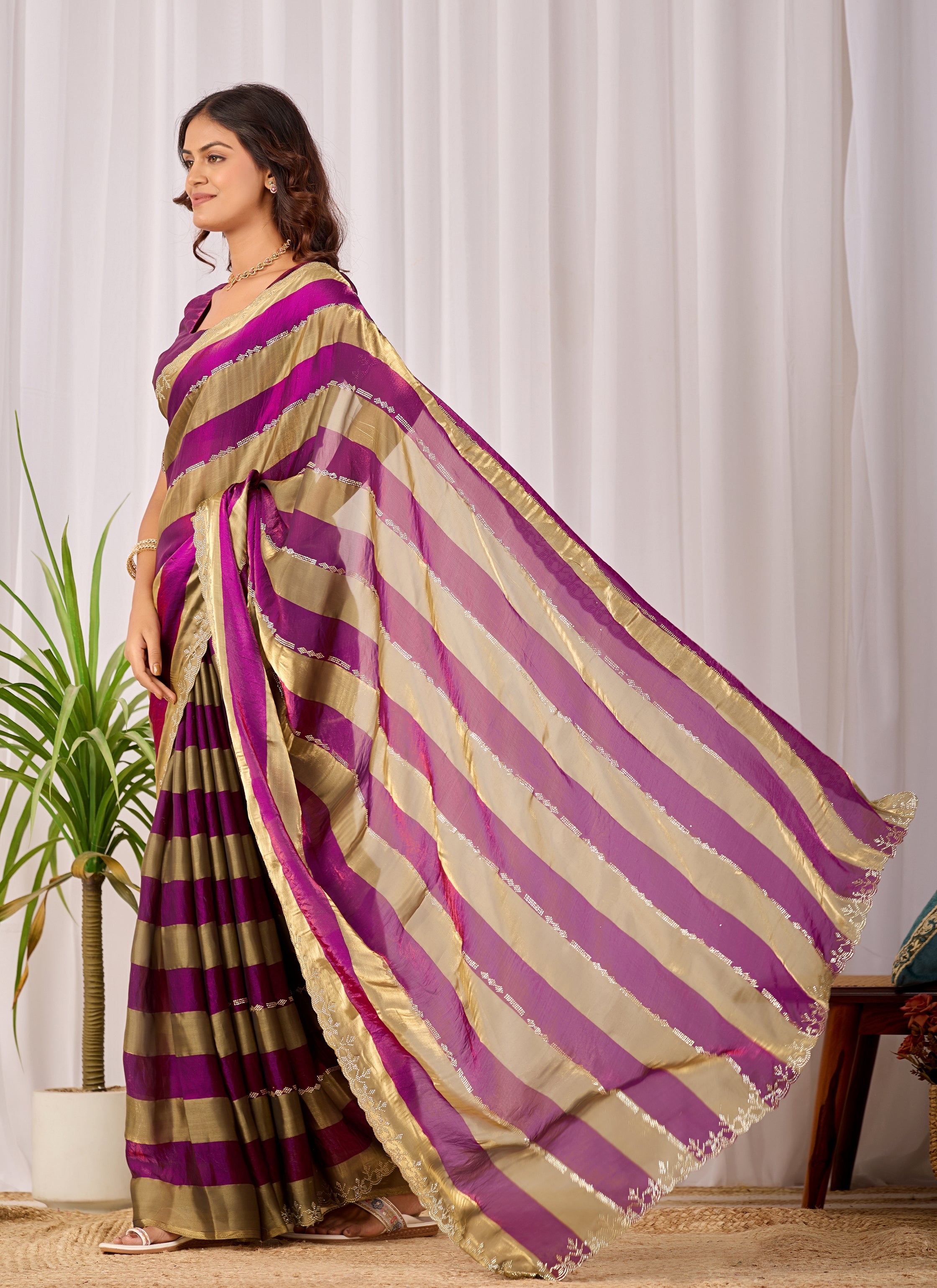 SANCHITA Satin Embellished Embroidered Saree - Wine