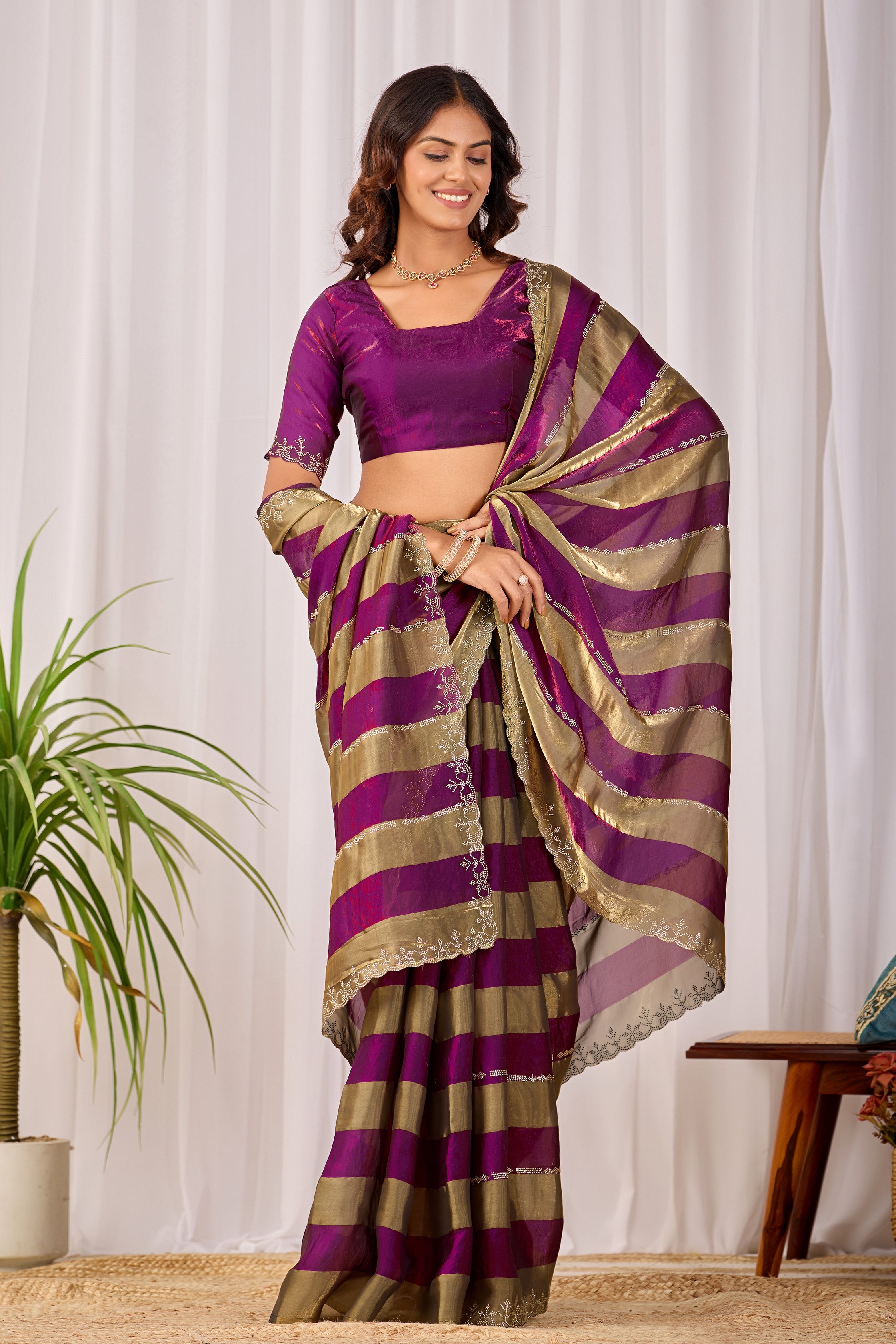 SANCHITA Satin Embellished Embroidered Saree - Wine