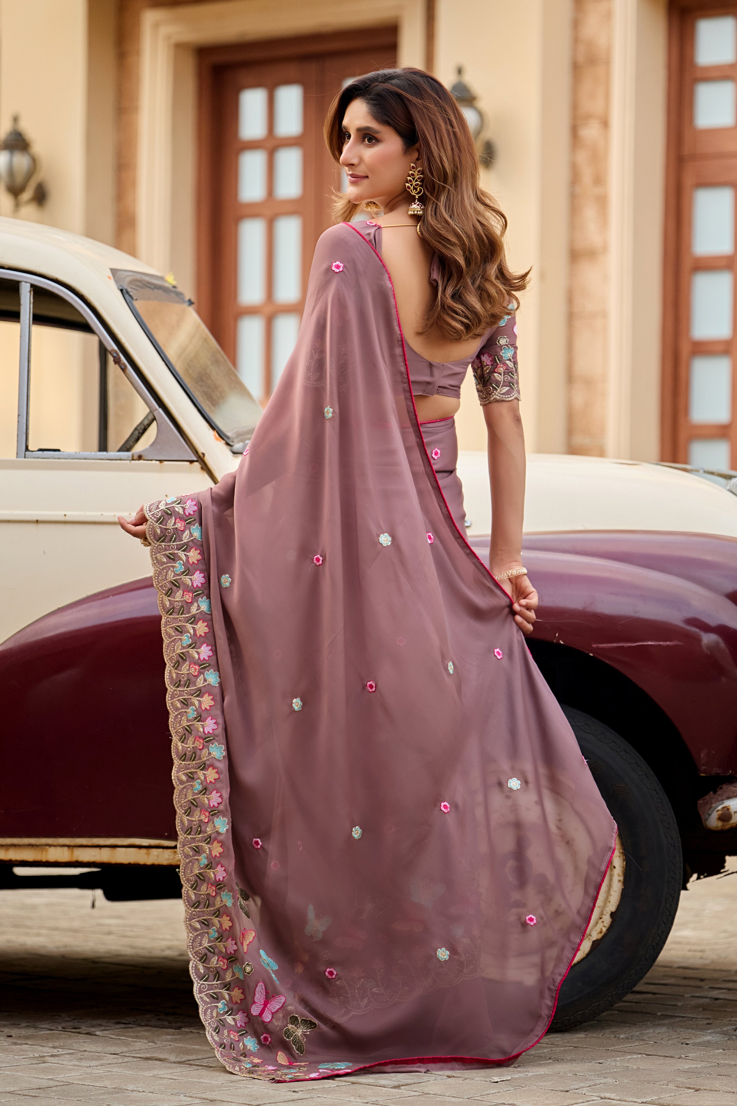 SHIKHA Georgette Embellished Embroidered Saree - Light Mouse