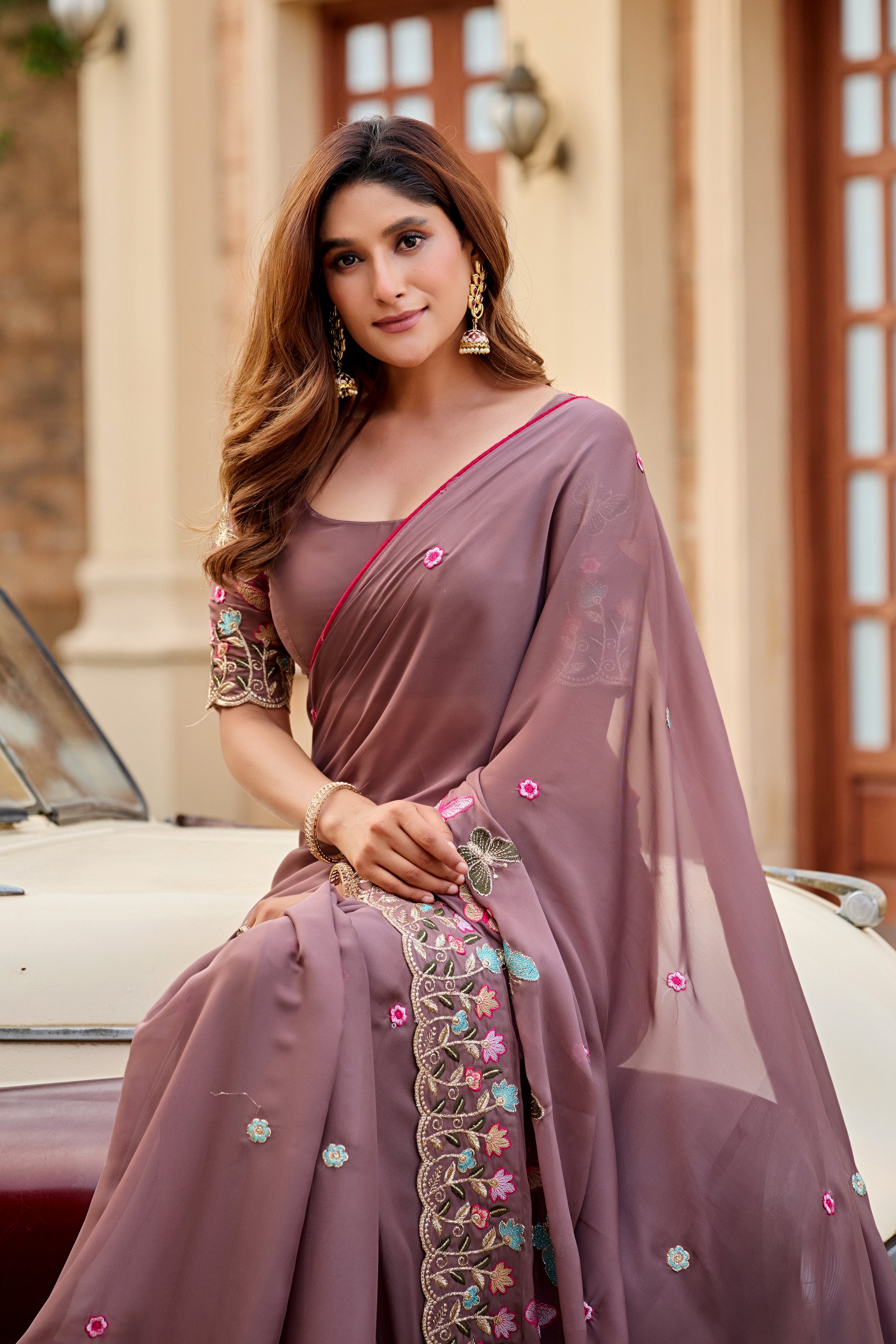 SHIKHA Georgette Embellished Embroidered Saree - Light Mouse