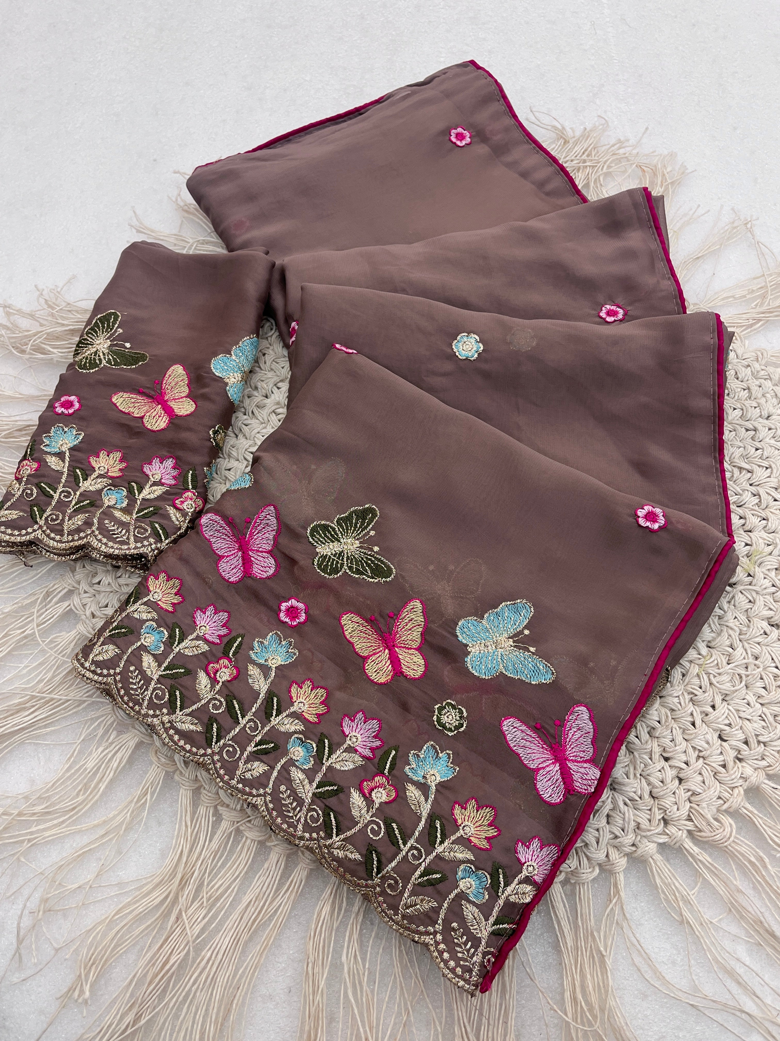 SHIKHA Georgette Embellished Embroidered Saree - Light Mouse