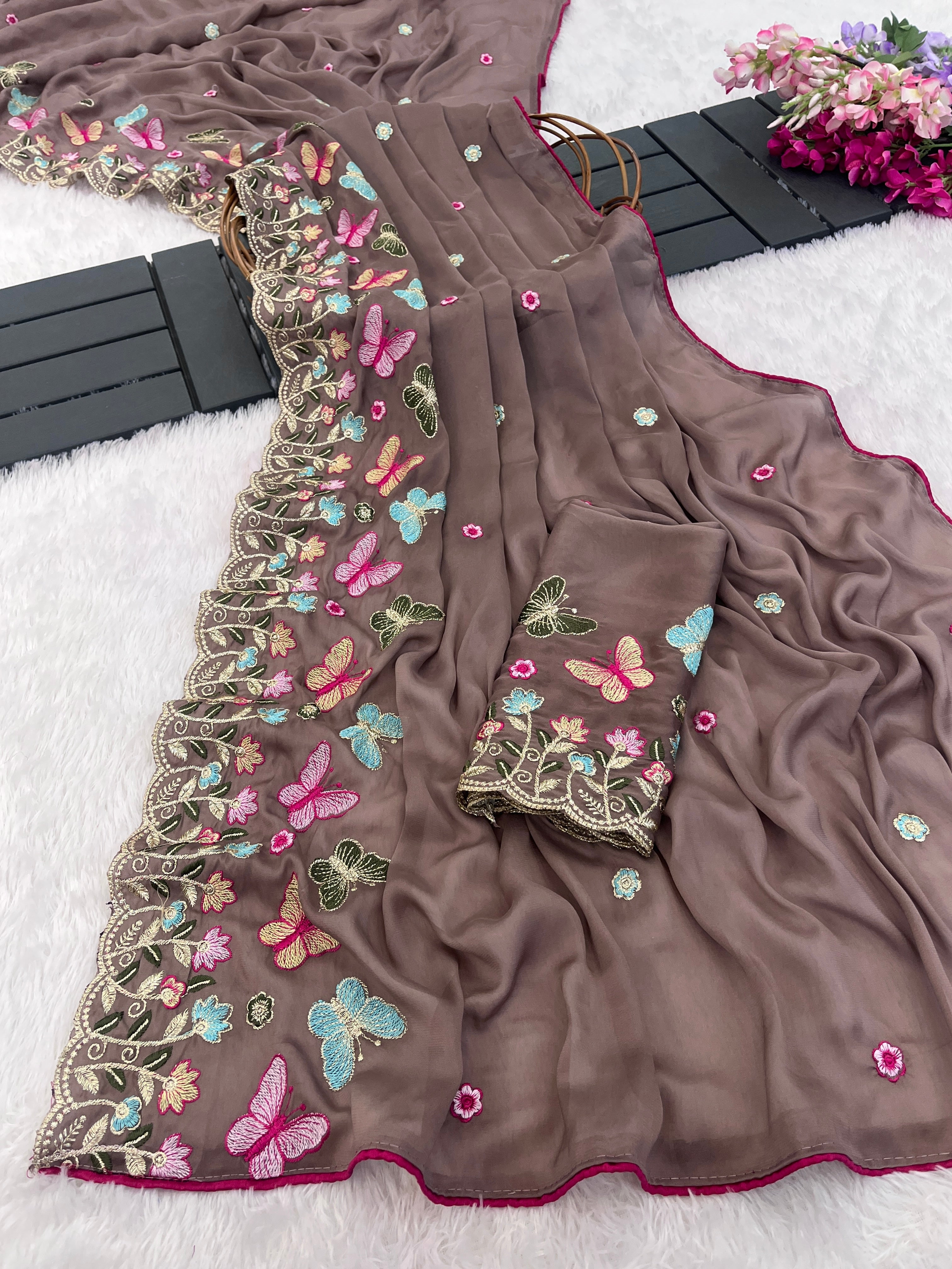 SHIKHA Georgette Embellished Embroidered Saree - Light Mouse