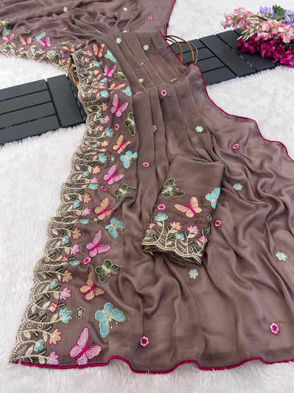 SHIKHA Georgette Embellished Embroidered Saree - Light Mouse