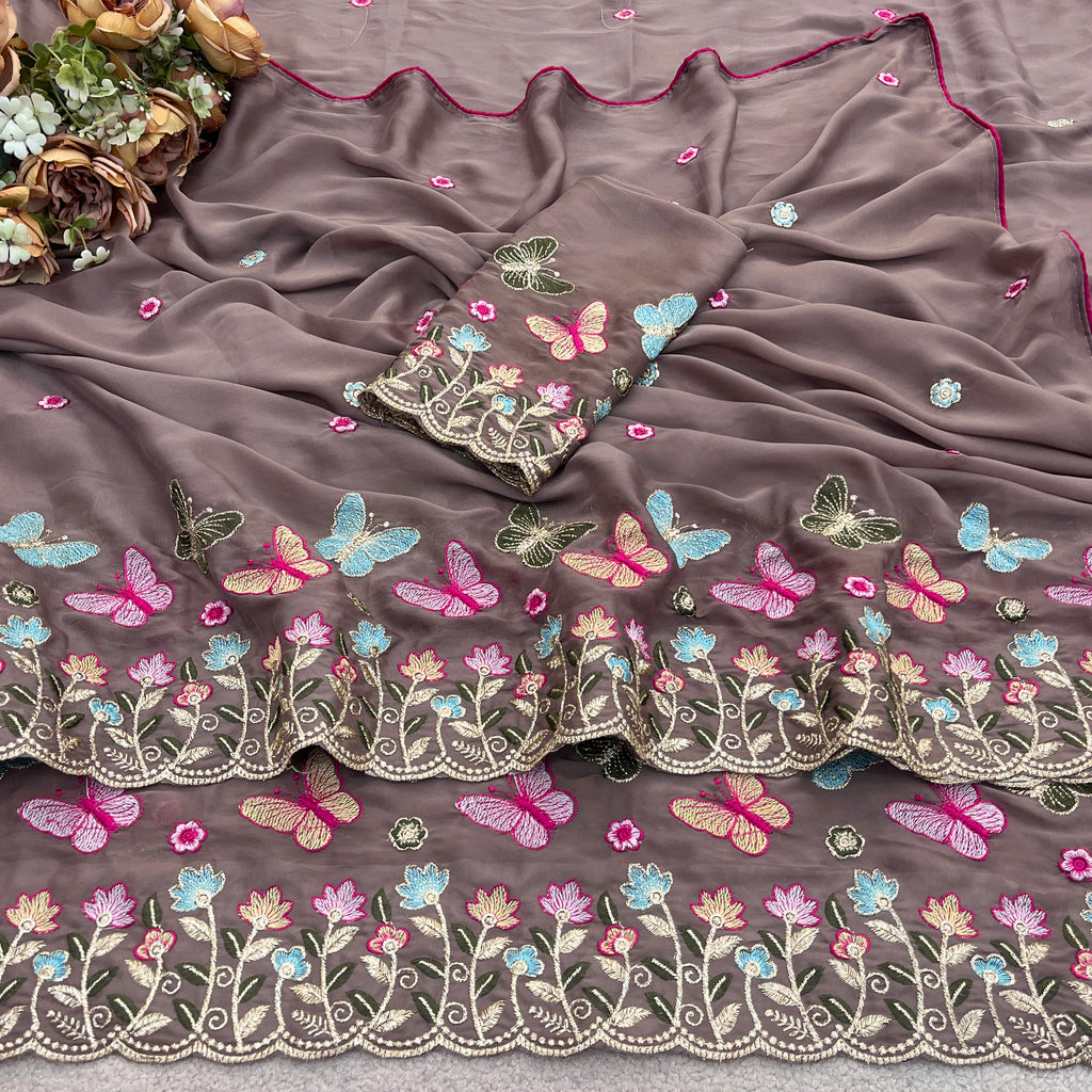 SHIKHA Georgette Embellished Embroidered Saree - Light Mouse