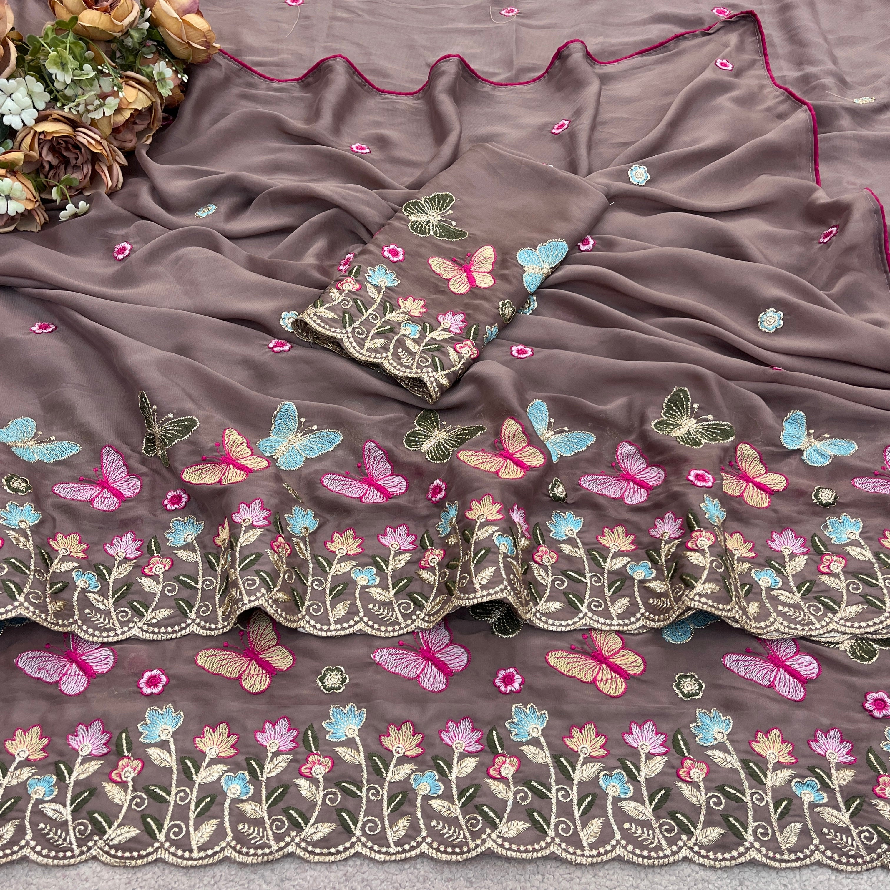 SHIKHA Georgette Embellished Embroidered Saree - Light Mouse