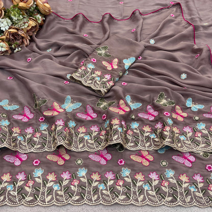 SHIKHA Georgette Embellished Embroidered Saree - Light Mouse