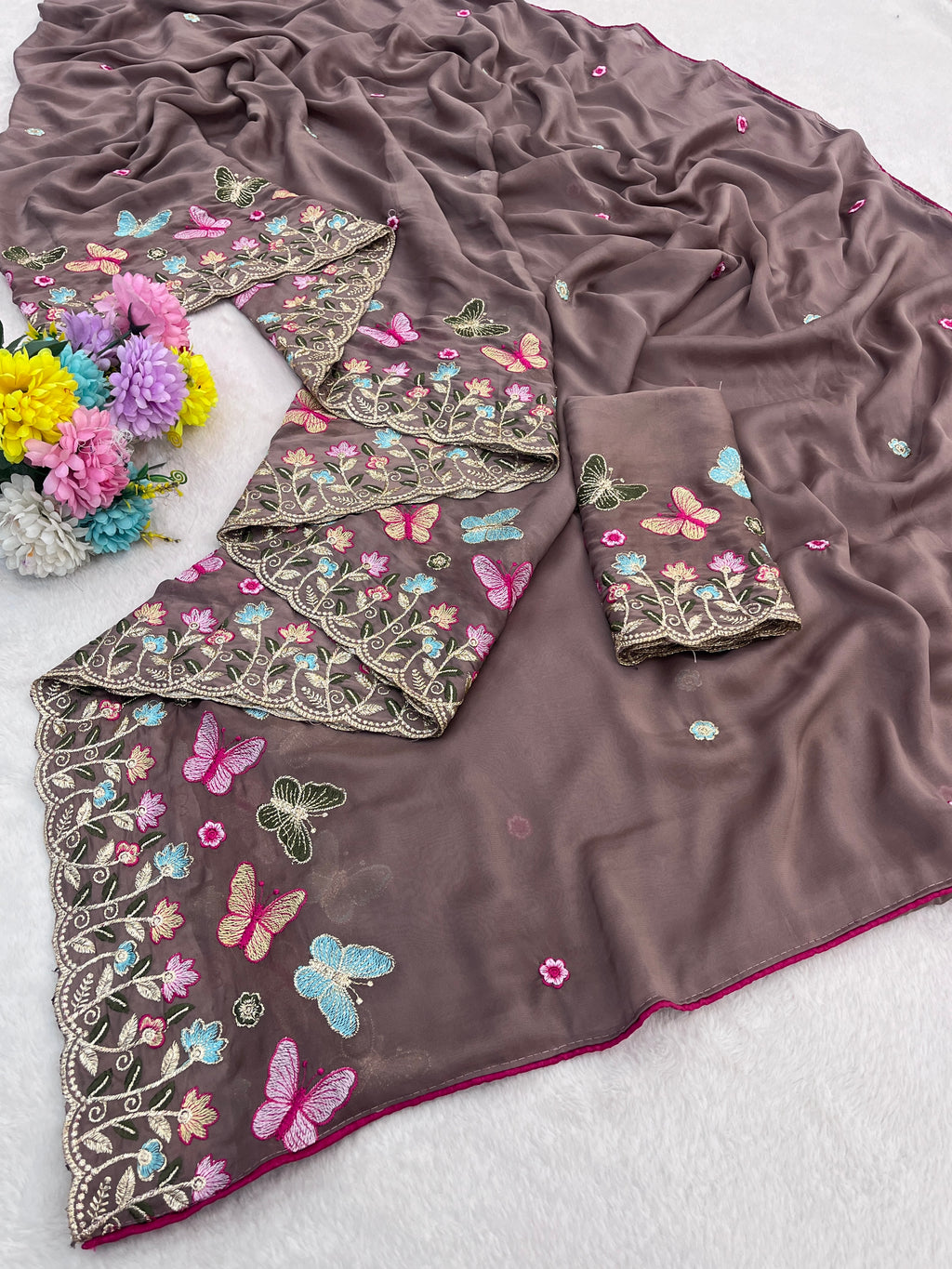SHIKHA Georgette Embellished Embroidered Saree - Light Mouse