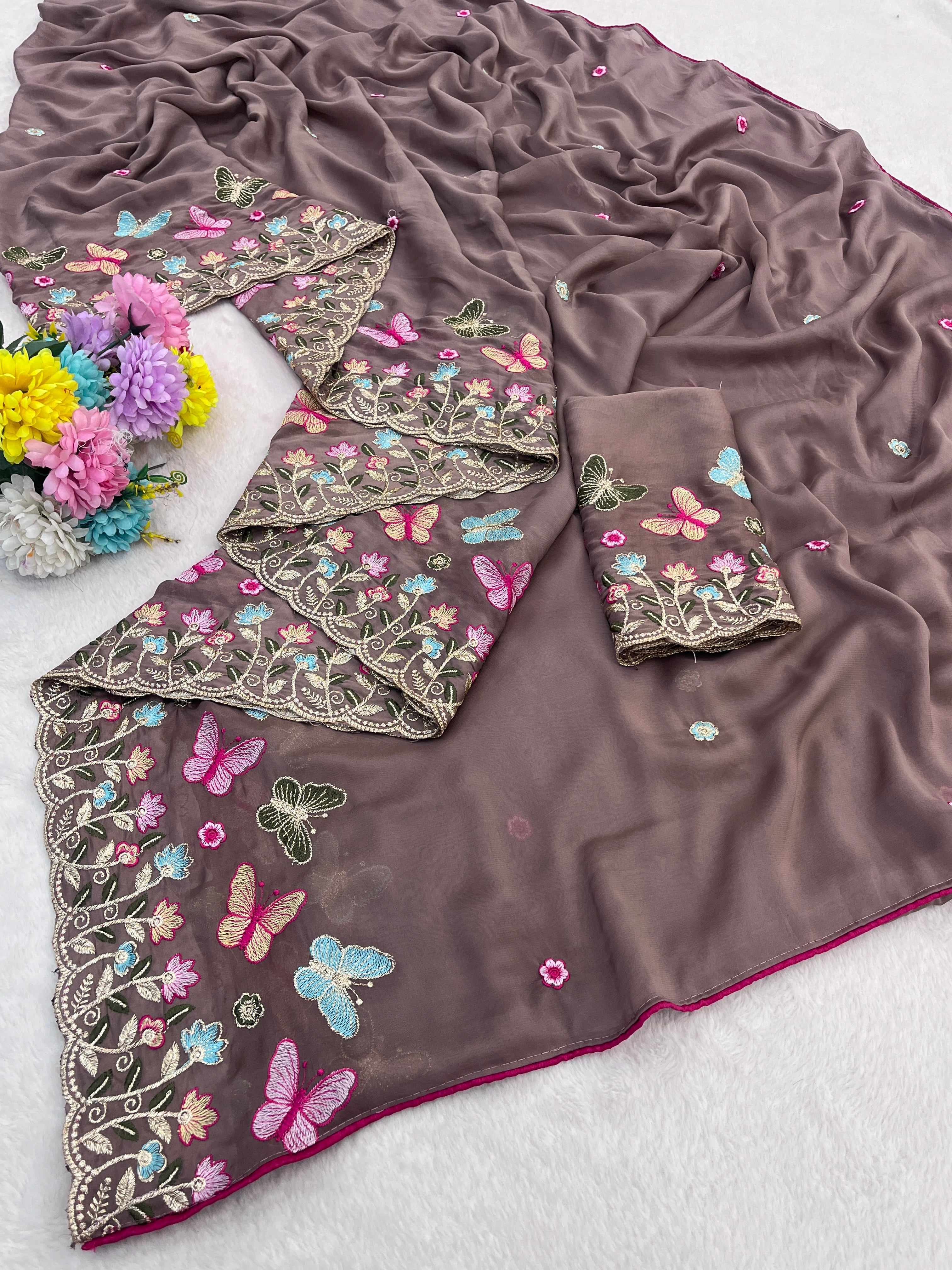SHIKHA Georgette Embellished Embroidered Saree - Light Mouse
