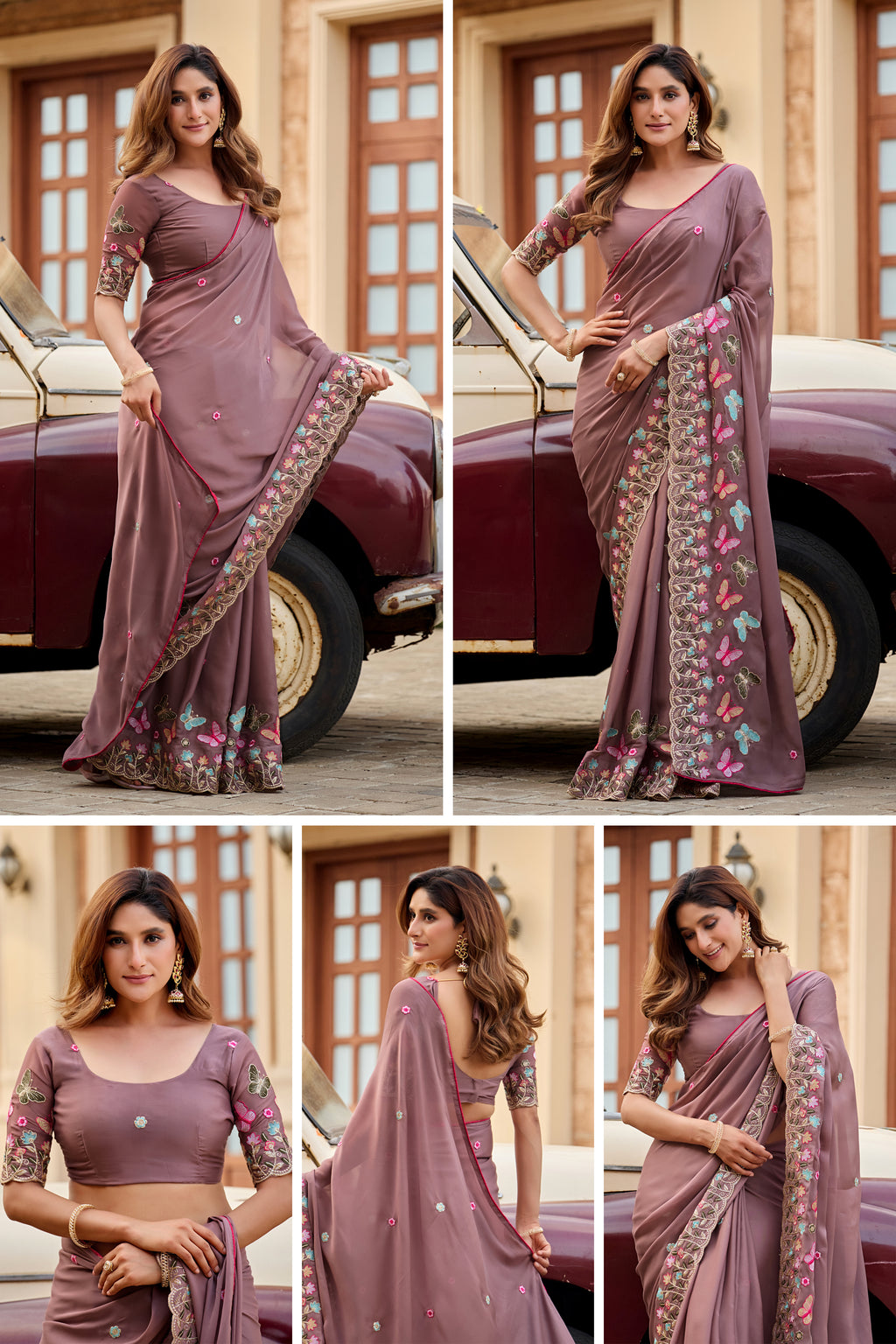 SHIKHA Georgette Embellished Embroidered Saree - Light Mouse