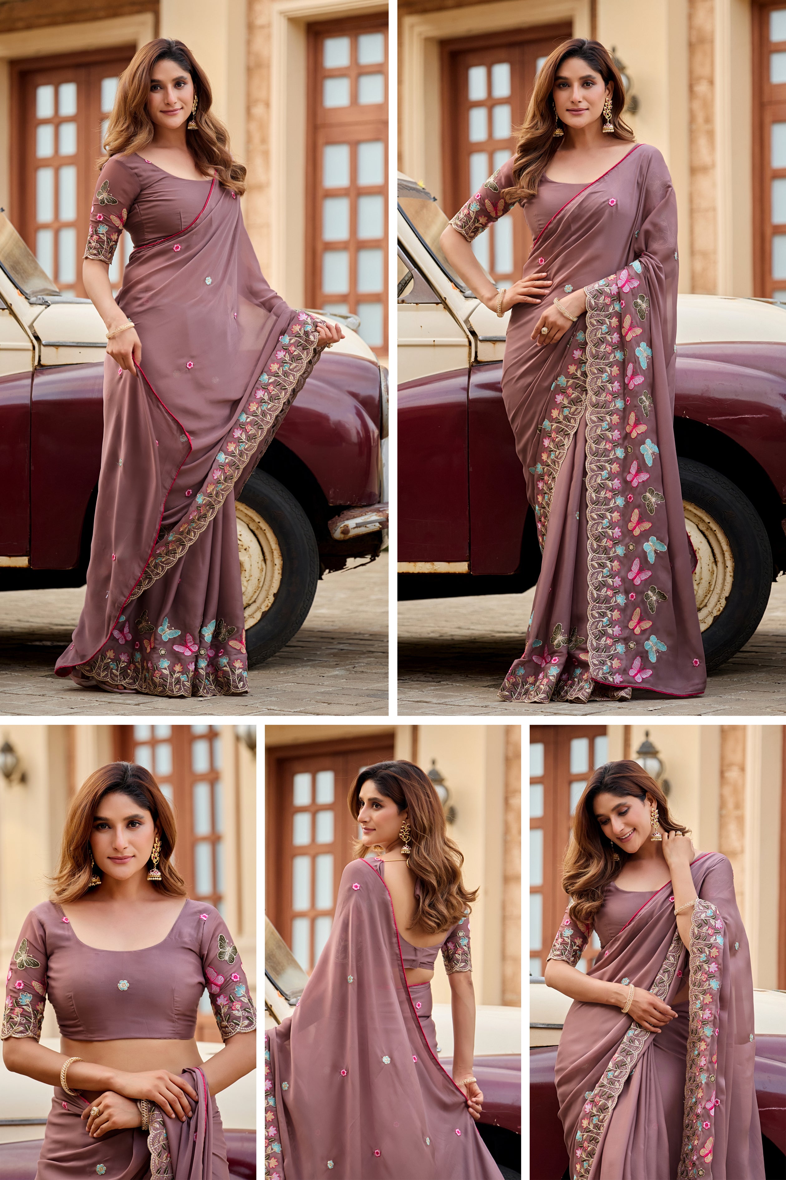 SHIKHA Georgette Embellished Embroidered Saree - Light Mouse