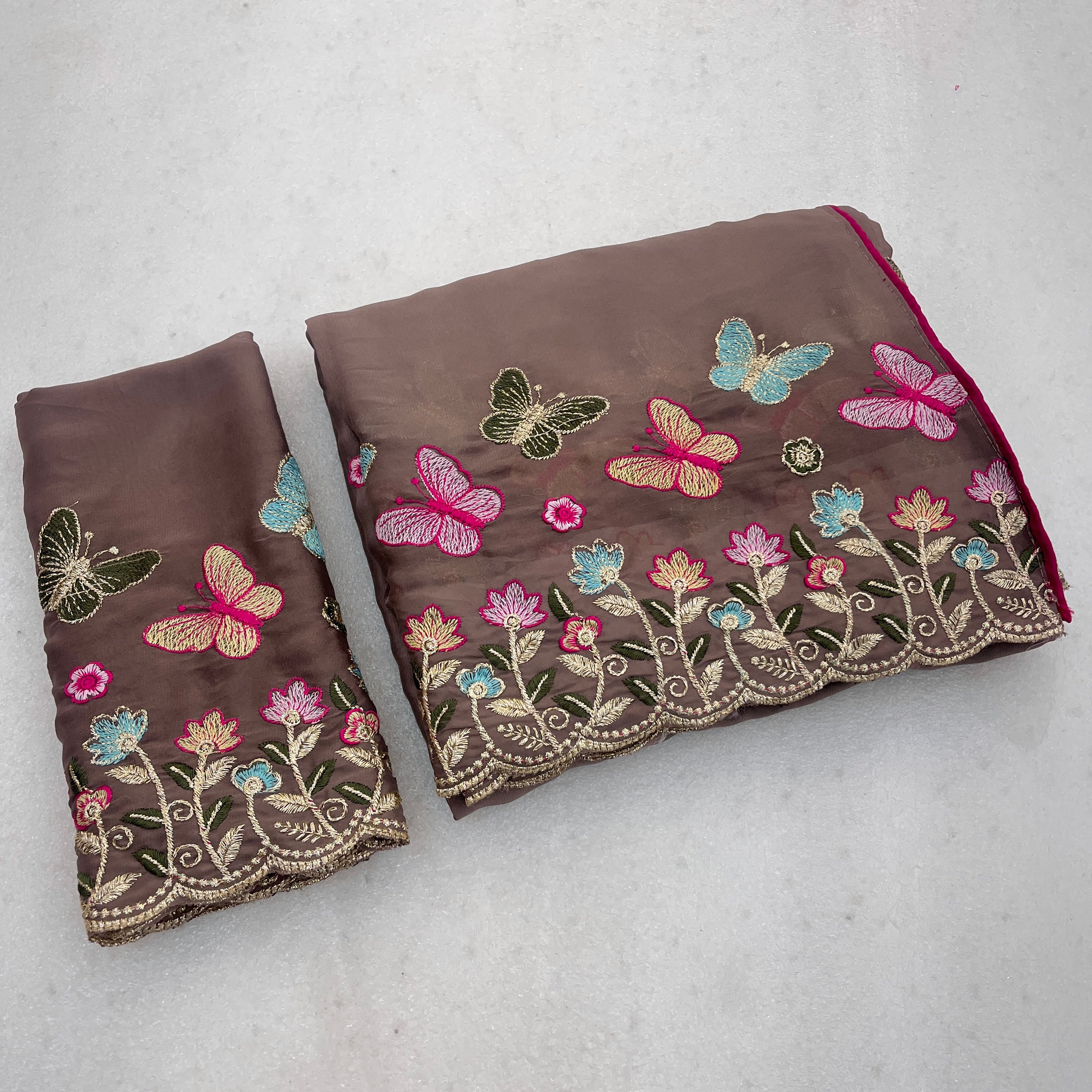 SHIKHA Georgette Embellished Embroidered Saree - Light Mouse
