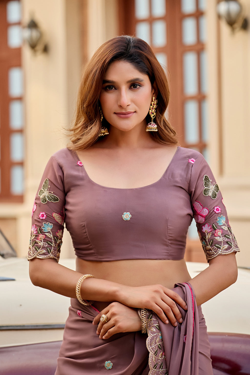 SHIKHA Georgette Embellished Embroidered Saree - Light Mouse