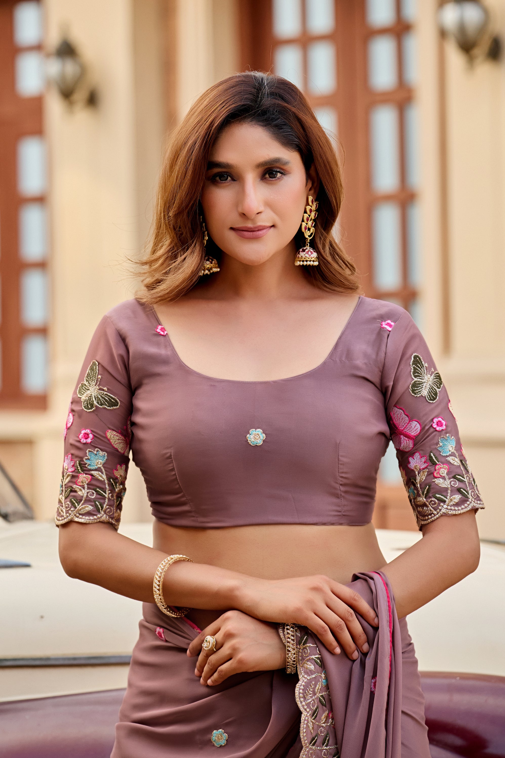 SHIKHA Georgette Embellished Embroidered Saree - Light Mouse