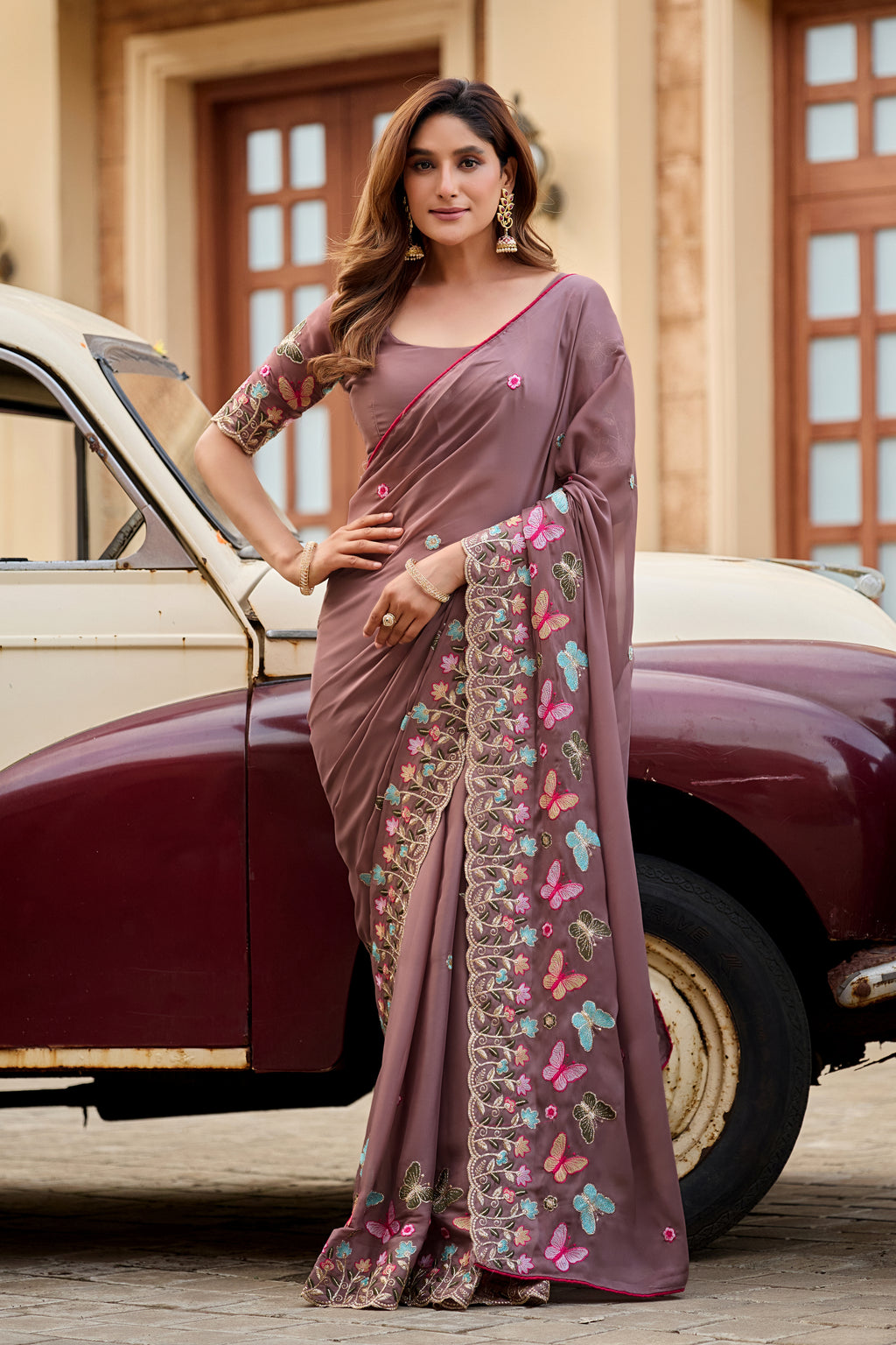 SHIKHA Georgette Embellished Embroidered Saree - Light Mouse