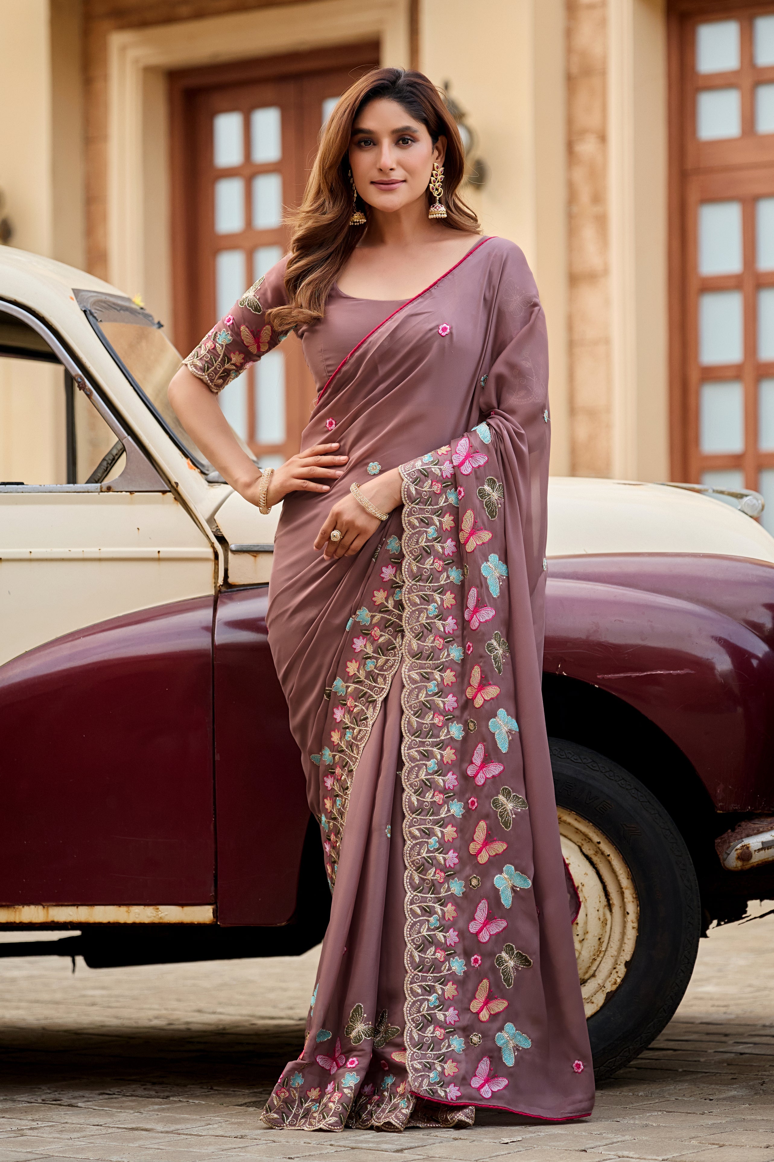 SHIKHA Georgette Embellished Embroidered Saree - Light Mouse