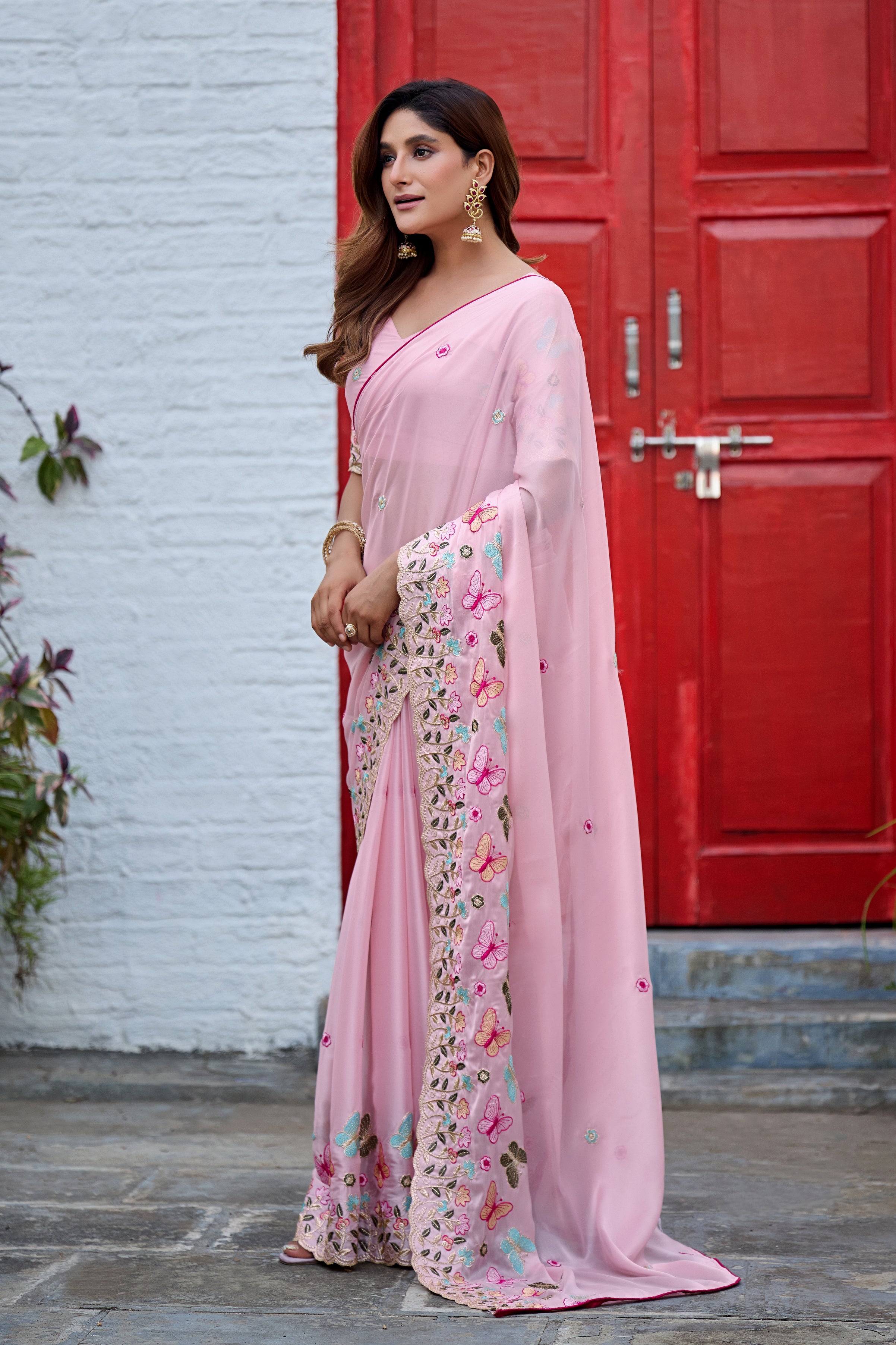 SHIKHA Georgette Embellished Embroidered Saree - Light Pink