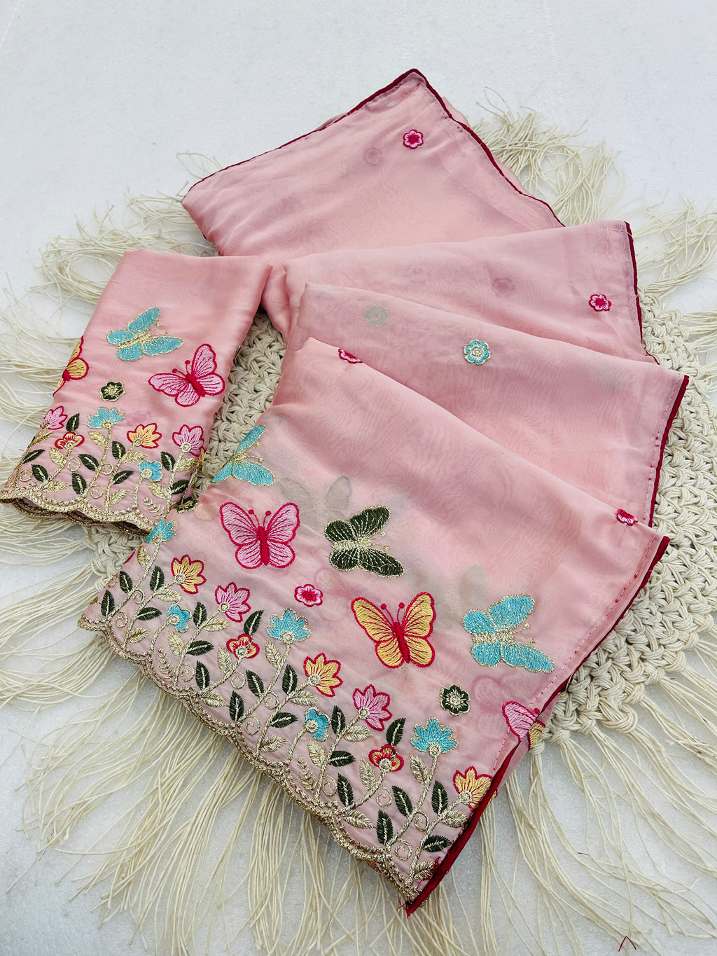 SHIKHA Georgette Embellished Embroidered Saree - Light Pink