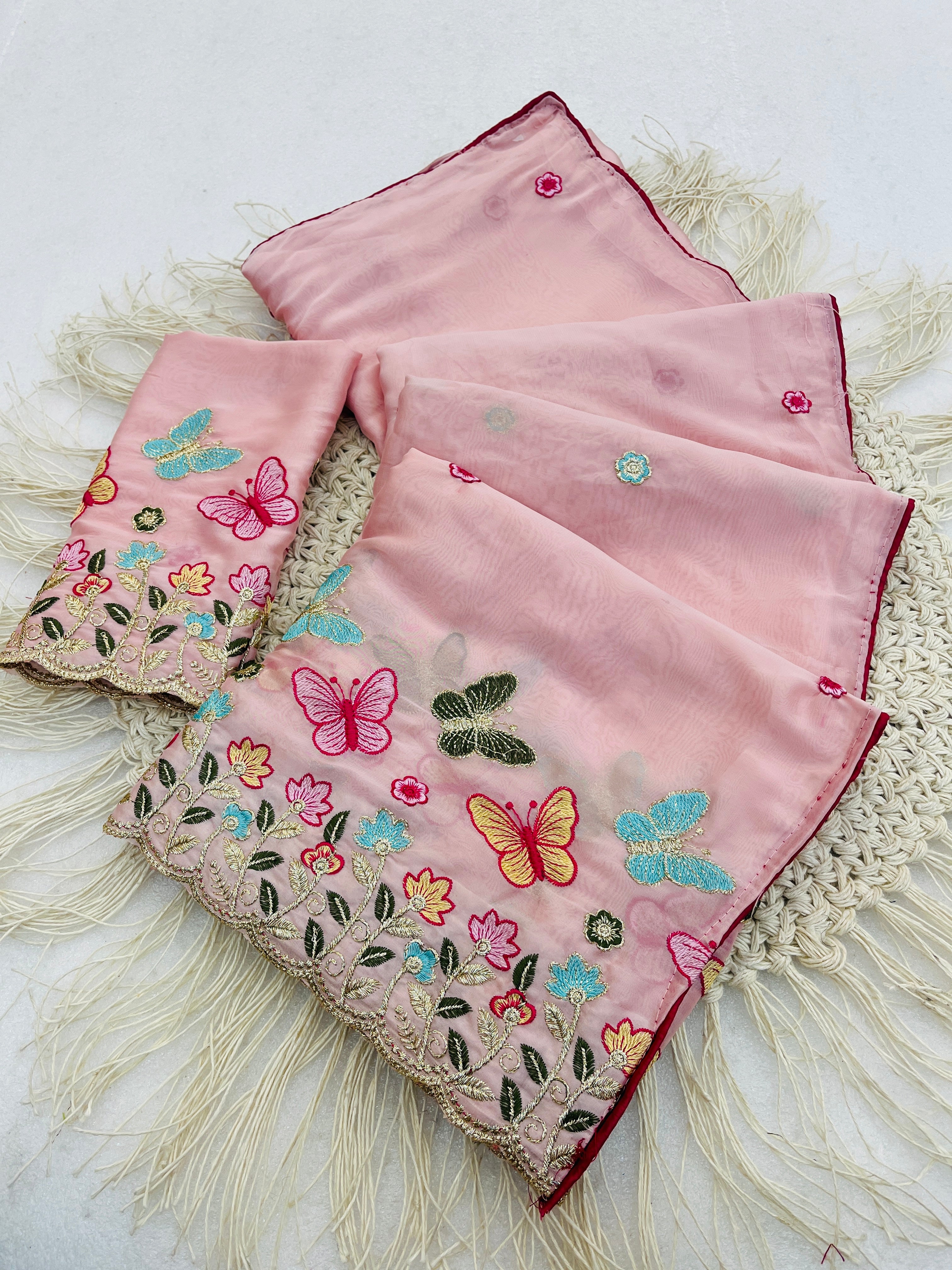 SHIKHA Georgette Embellished Embroidered Saree - Light Pink