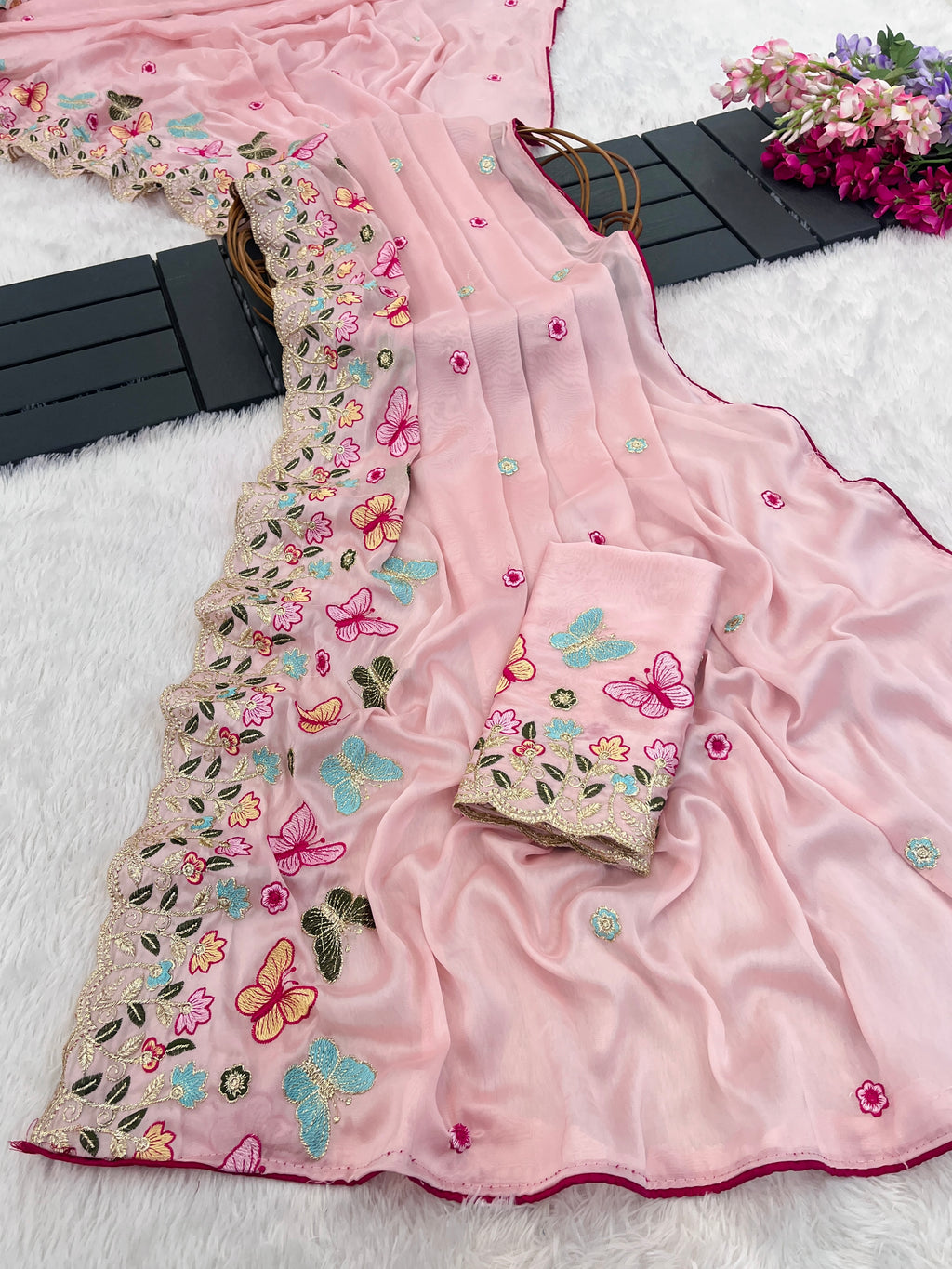 SHIKHA Georgette Embellished Embroidered Saree - Light Pink