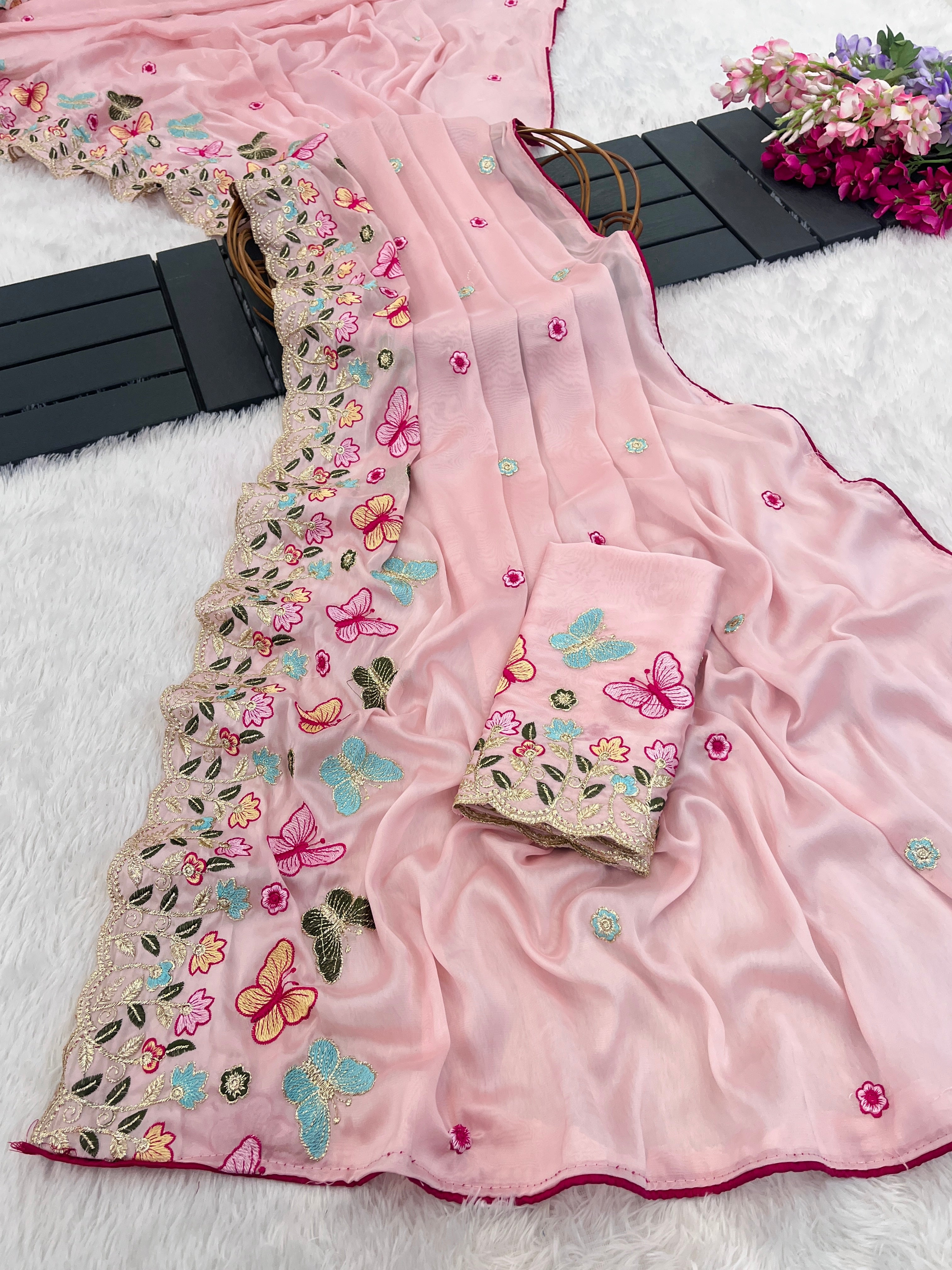 SHIKHA Georgette Embellished Embroidered Saree - Light Pink