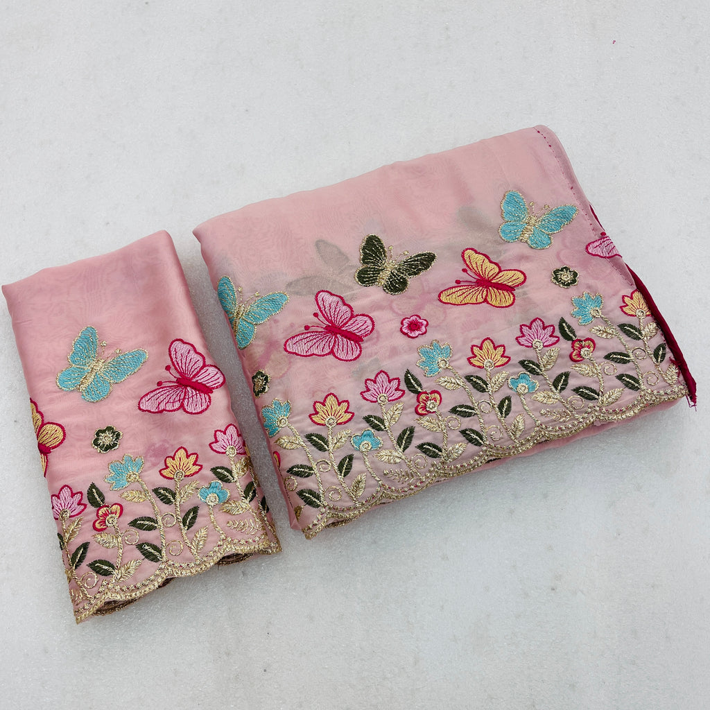 SHIKHA Georgette Embellished Embroidered Saree - Light Pink
