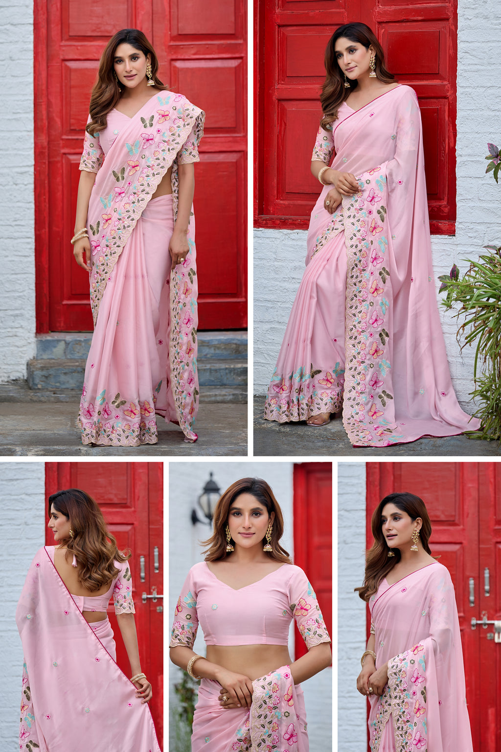 SHIKHA Georgette Embellished Embroidered Saree - Light Pink