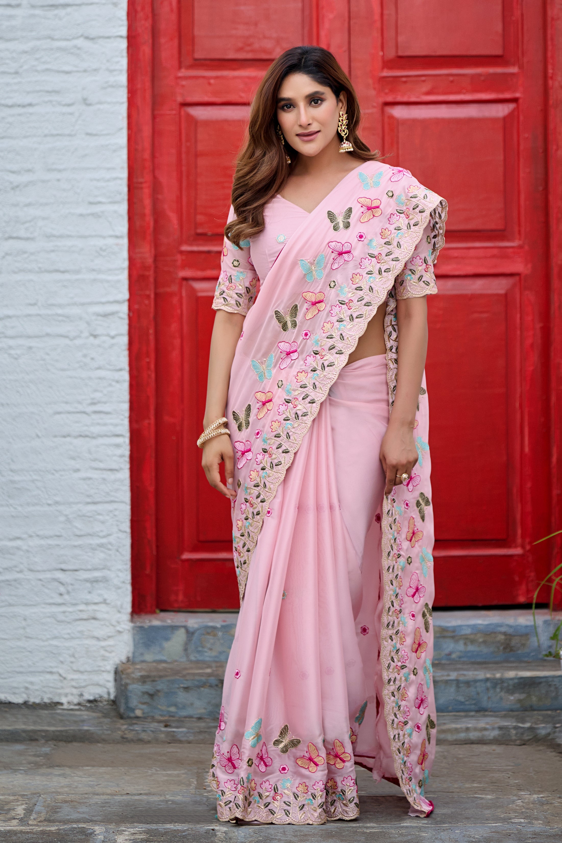 SHIKHA Georgette Embellished Embroidered Saree - Light Pink