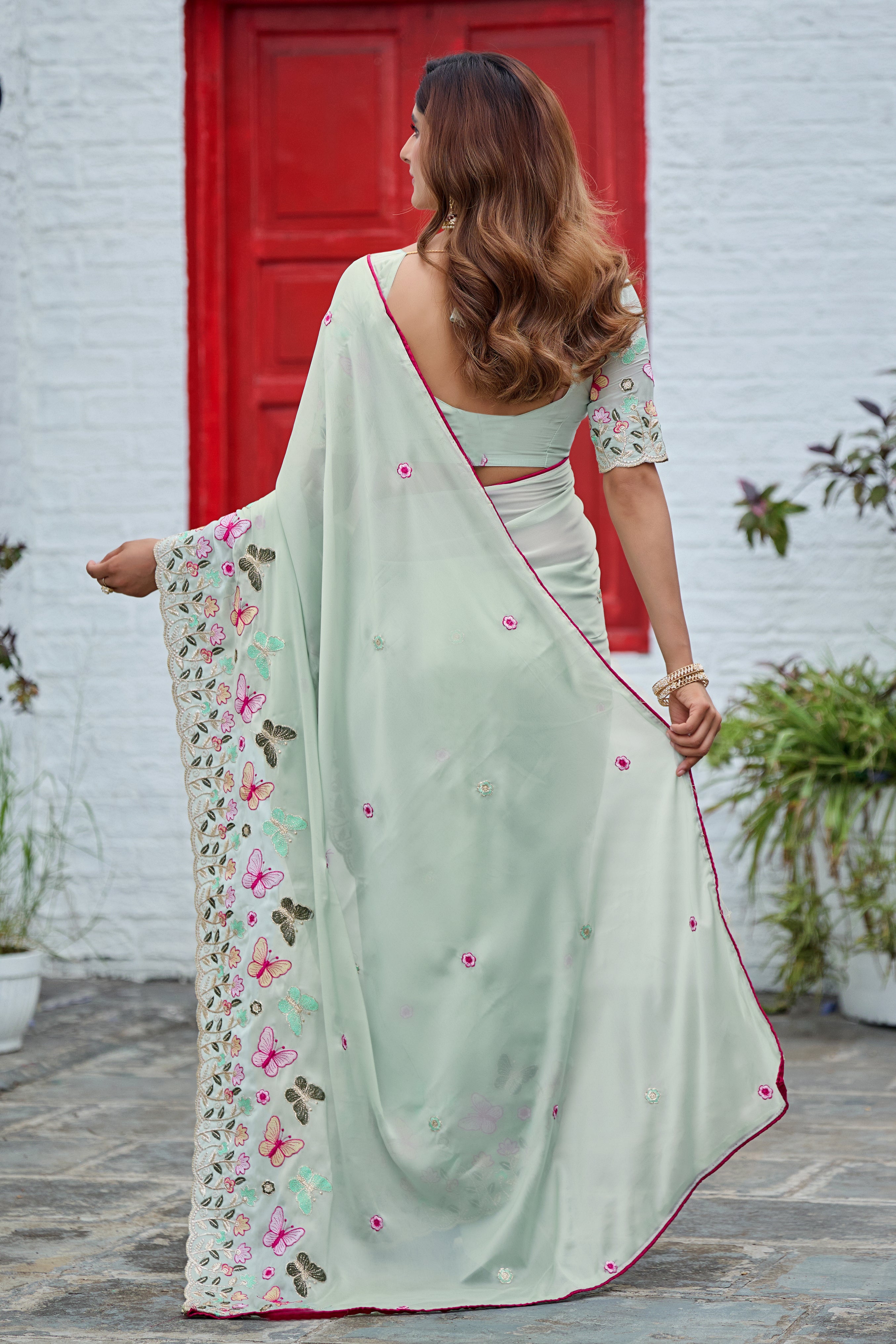 SHIKHA Georgette Embellished Embroidered Saree - Light Pista