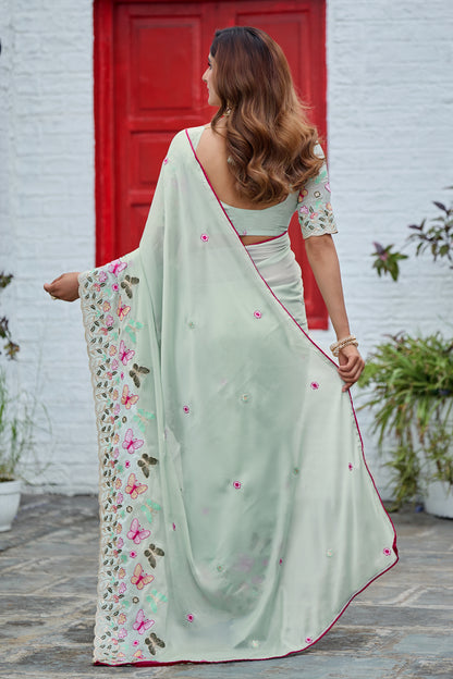 SHIKHA Georgette Embellished Embroidered Saree - Light Pista