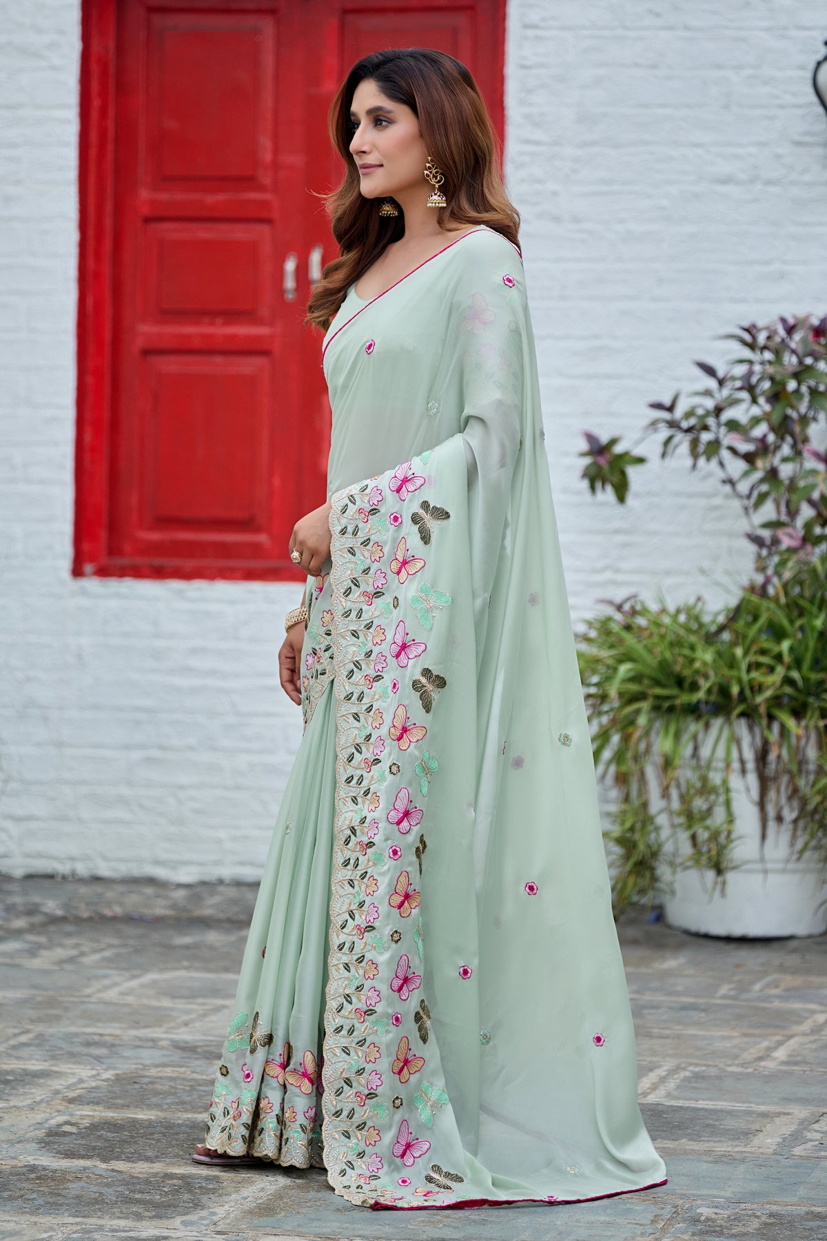 SHIKHA Georgette Embellished Embroidered Saree - Light Pista