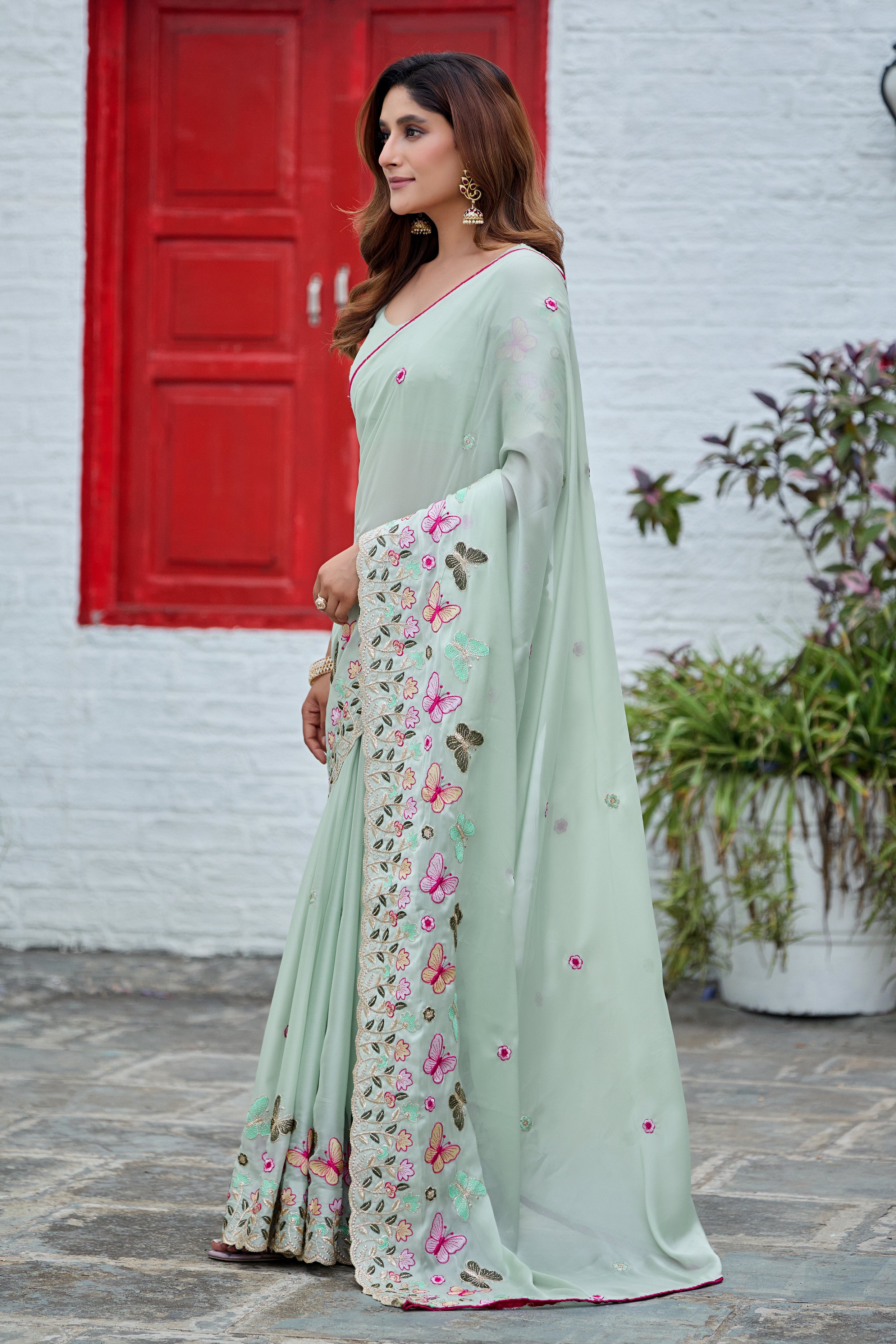 SHIKHA Georgette Embellished Embroidered Saree - Light Pista
