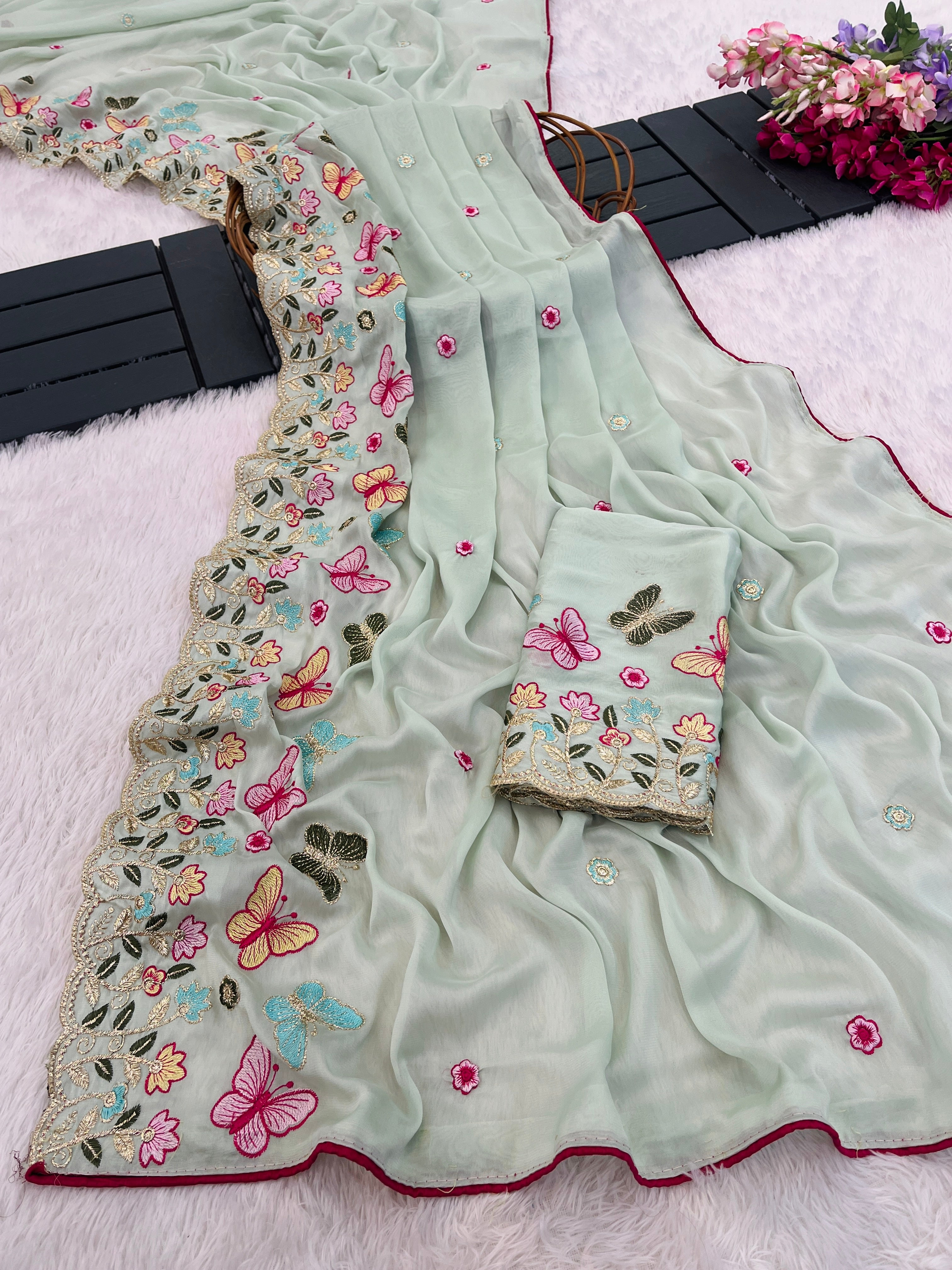 SHIKHA Georgette Embellished Embroidered Saree - Light Pista