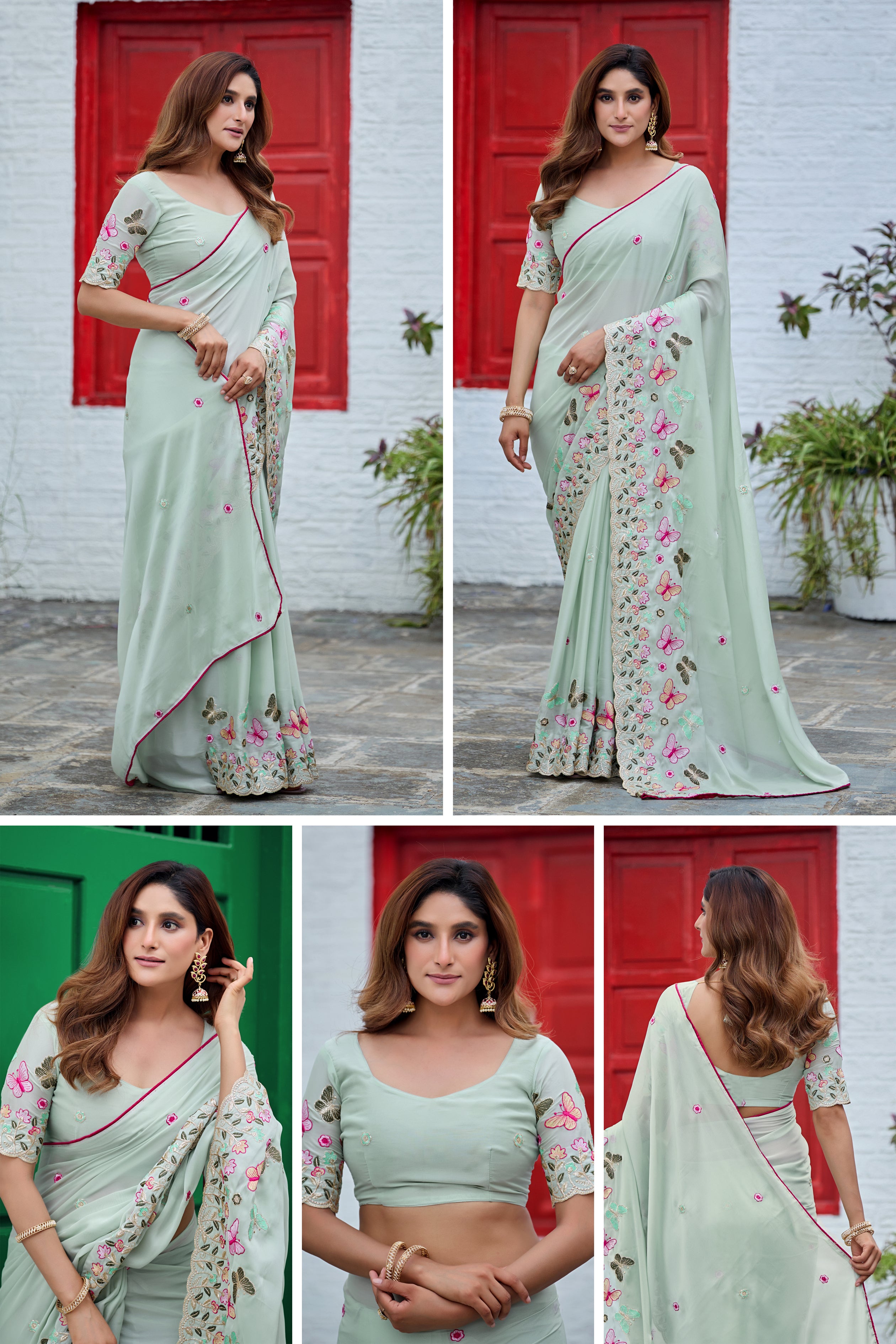 SHIKHA Georgette Embellished Embroidered Saree - Light Pista