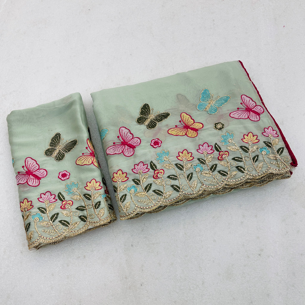 SHIKHA Georgette Embellished Embroidered Saree - Light Pista