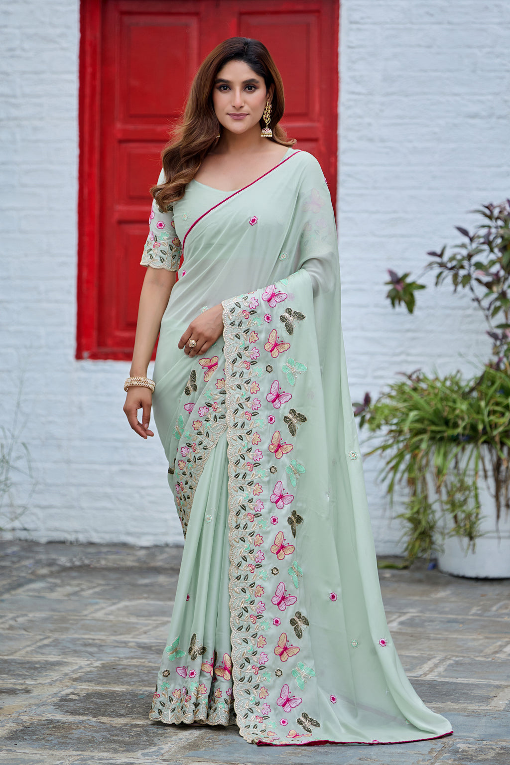 SHIKHA Georgette Embellished Embroidered Saree - Light Pista
