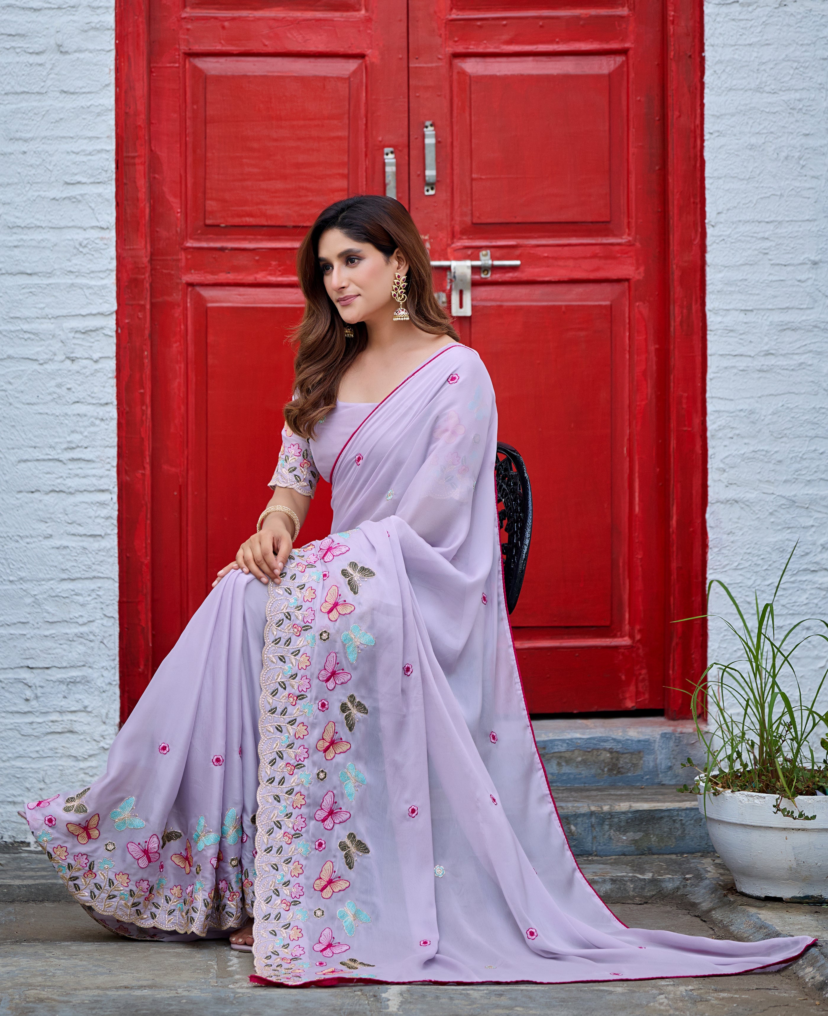 SHIKHA Georgette Embellished Embroidered Saree - Light Purple
