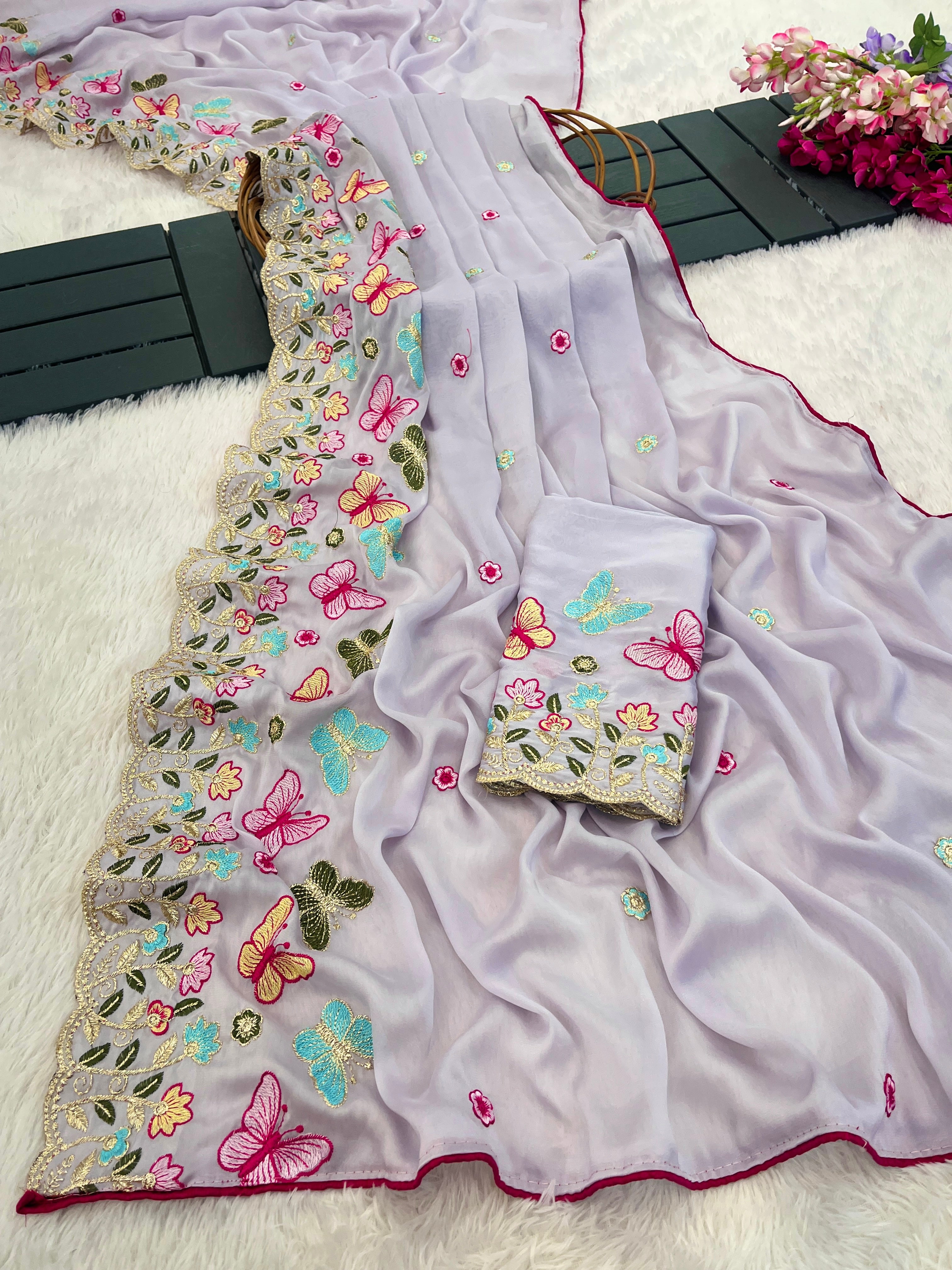 SHIKHA Georgette Embellished Embroidered Saree - Light Purple