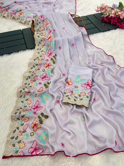 SHIKHA Georgette Embellished Embroidered Saree - Light Purple