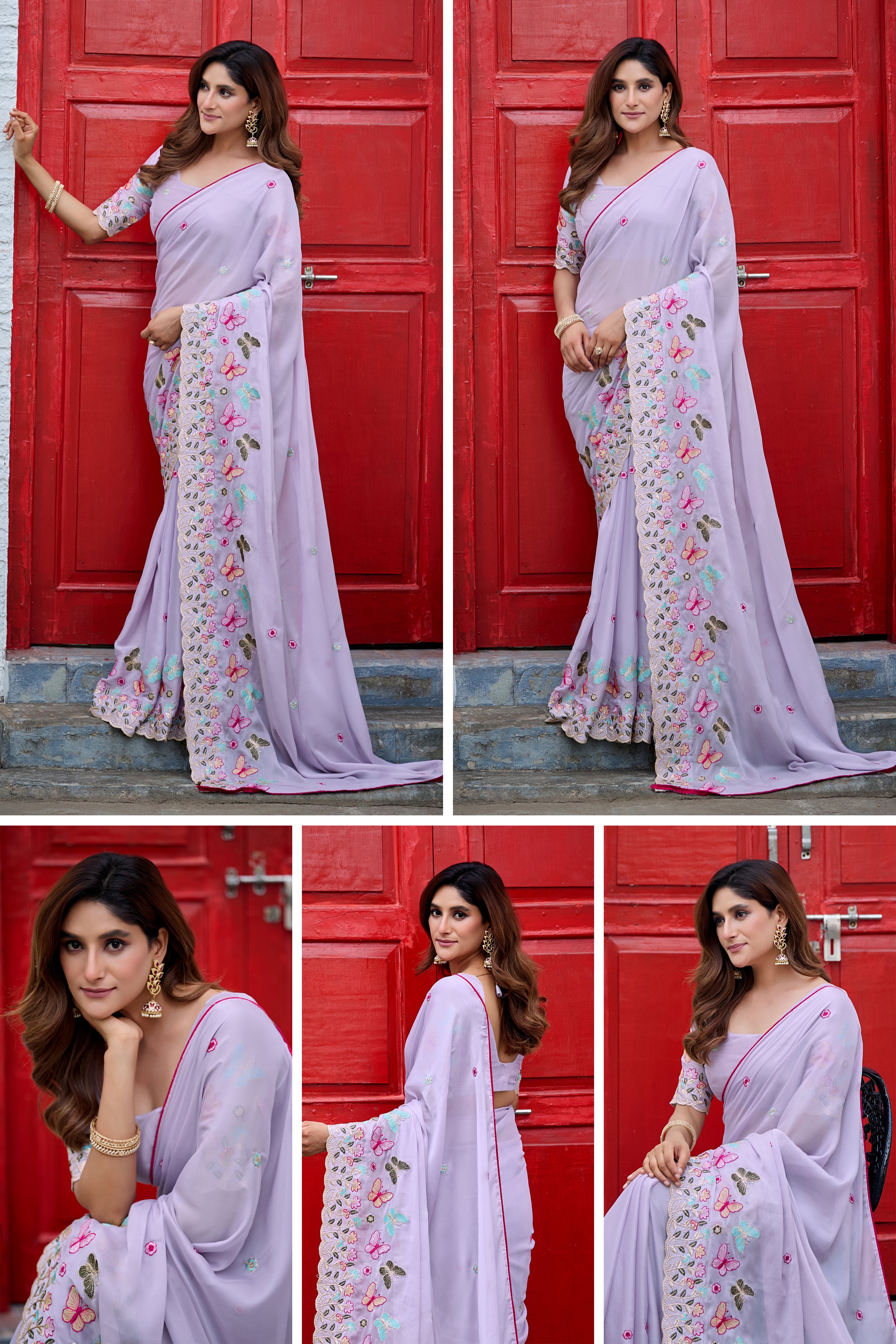 SHIKHA Georgette Embellished Embroidered Saree - Light Purple