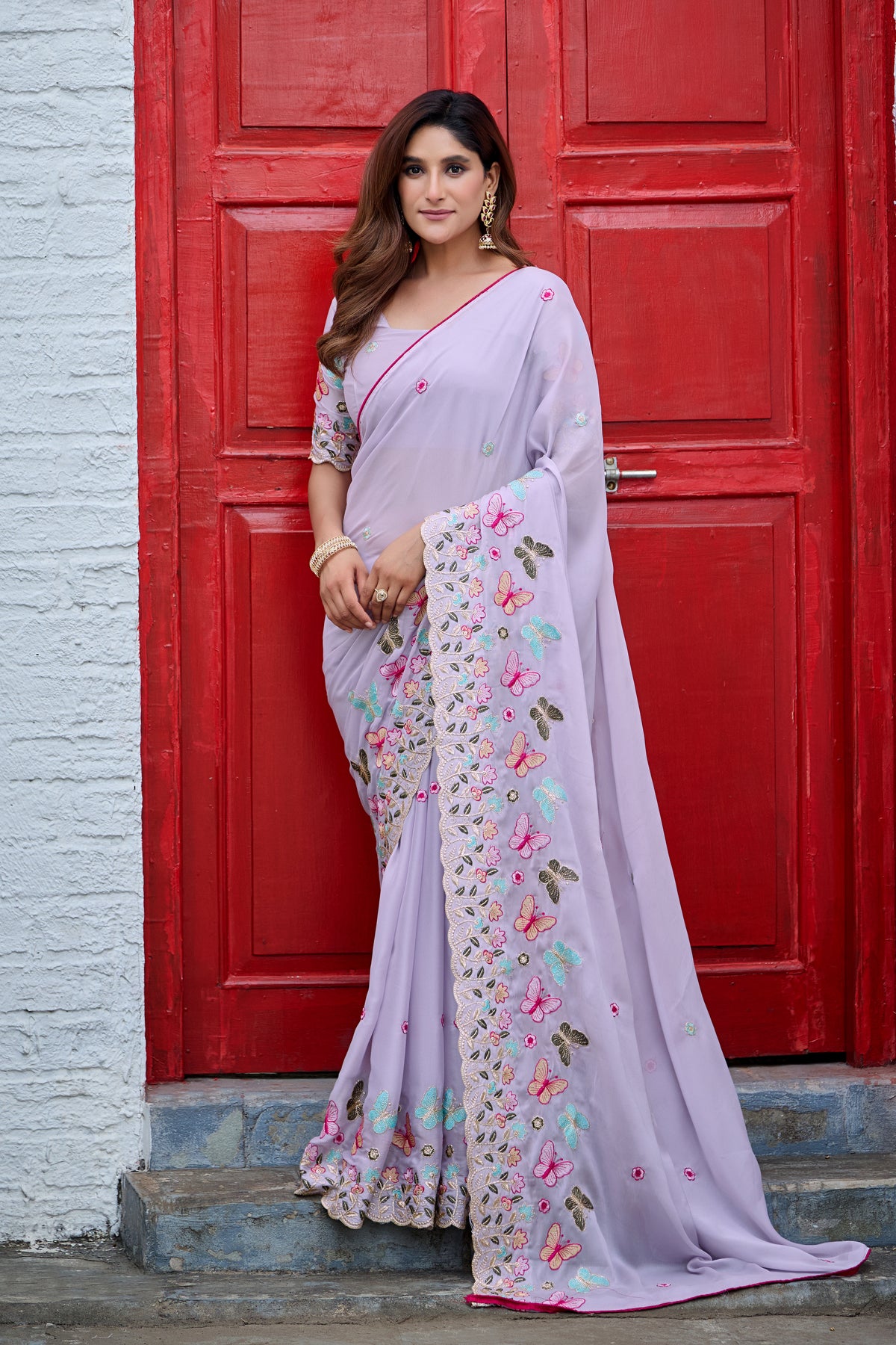 SHIKHA Georgette Embellished Embroidered Saree - Light Purple