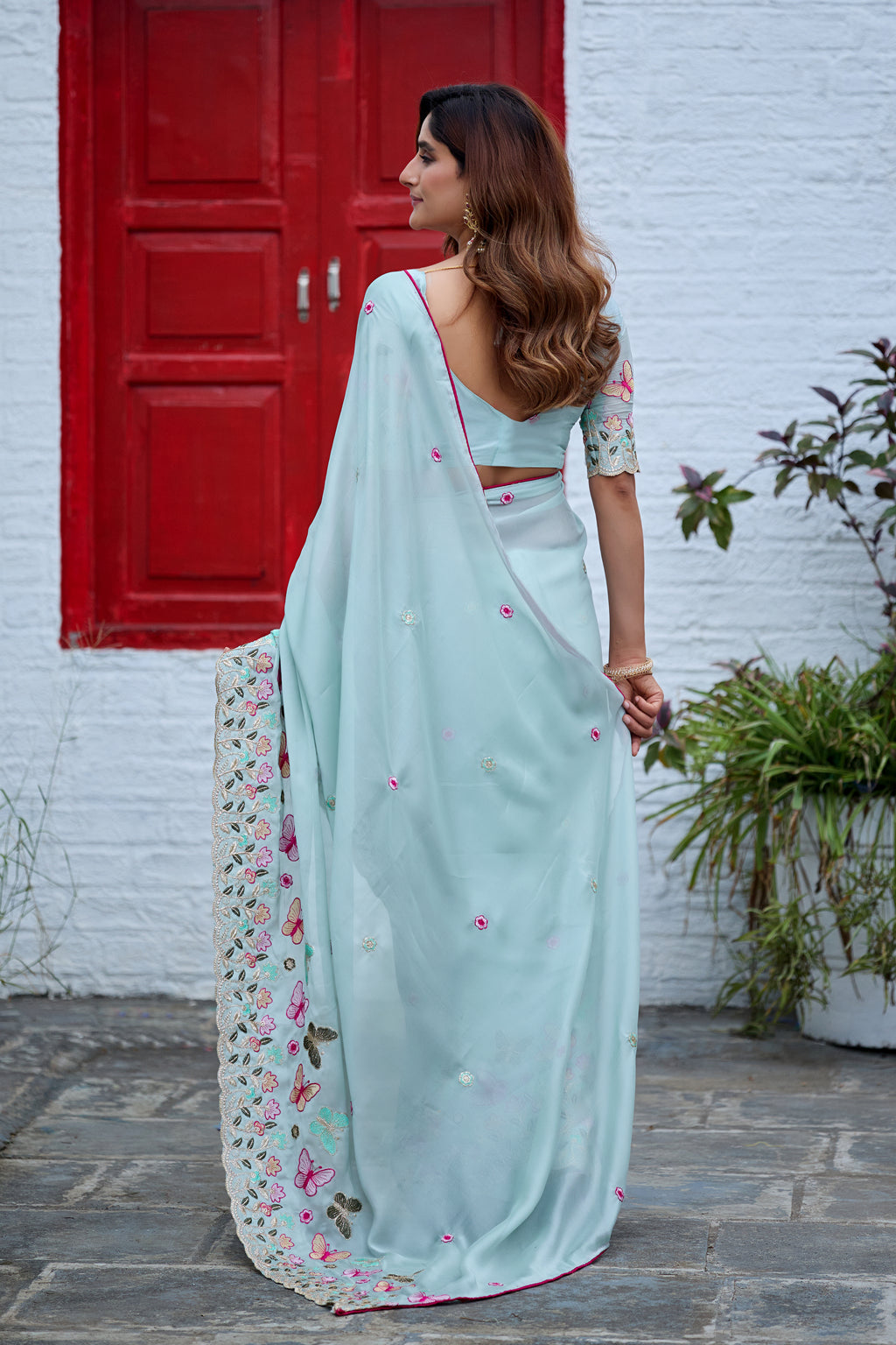 SHIKHA Georgette Embellished Embroidered Saree - Light Sky