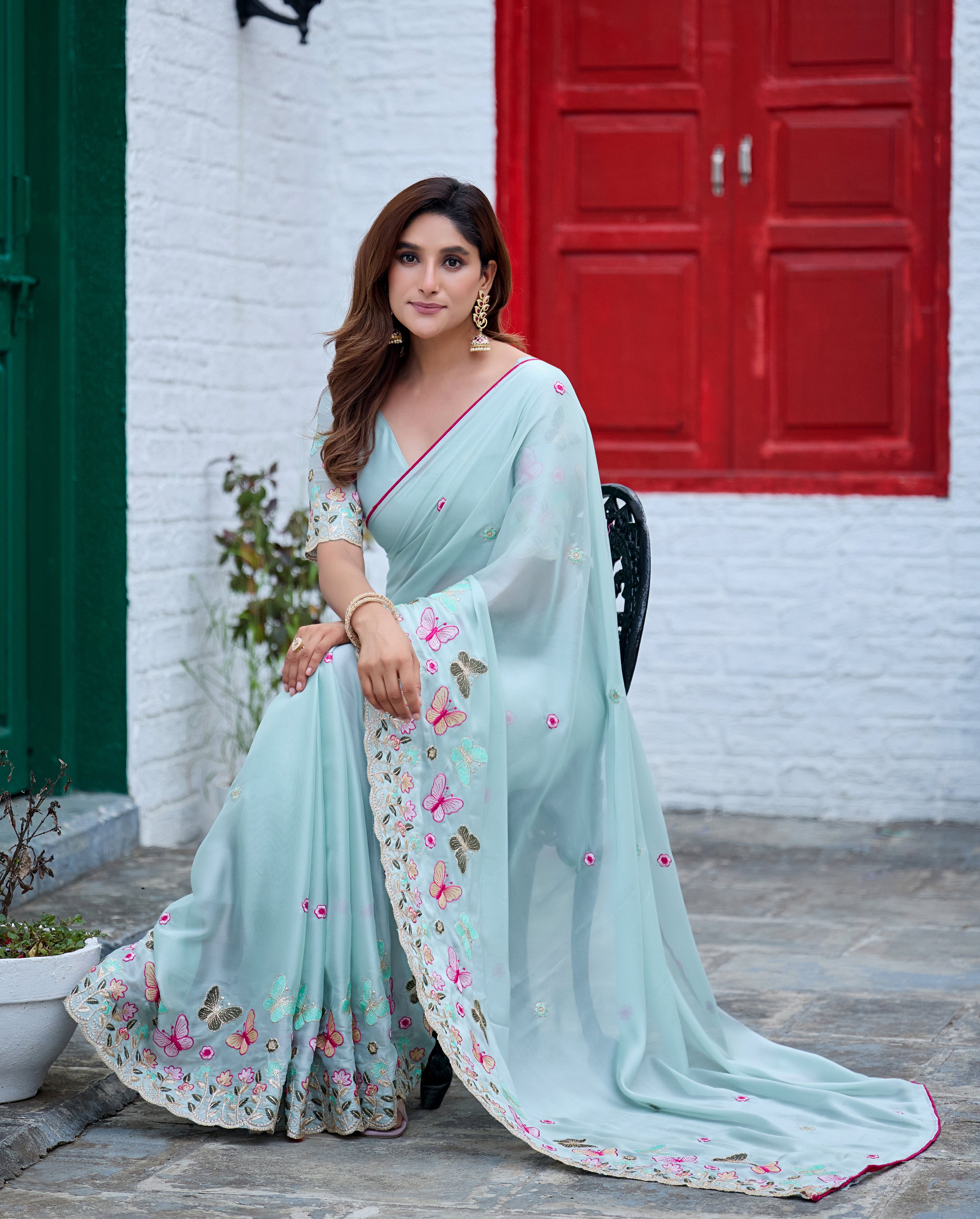 SHIKHA Georgette Embellished Embroidered Saree - Light Sky
