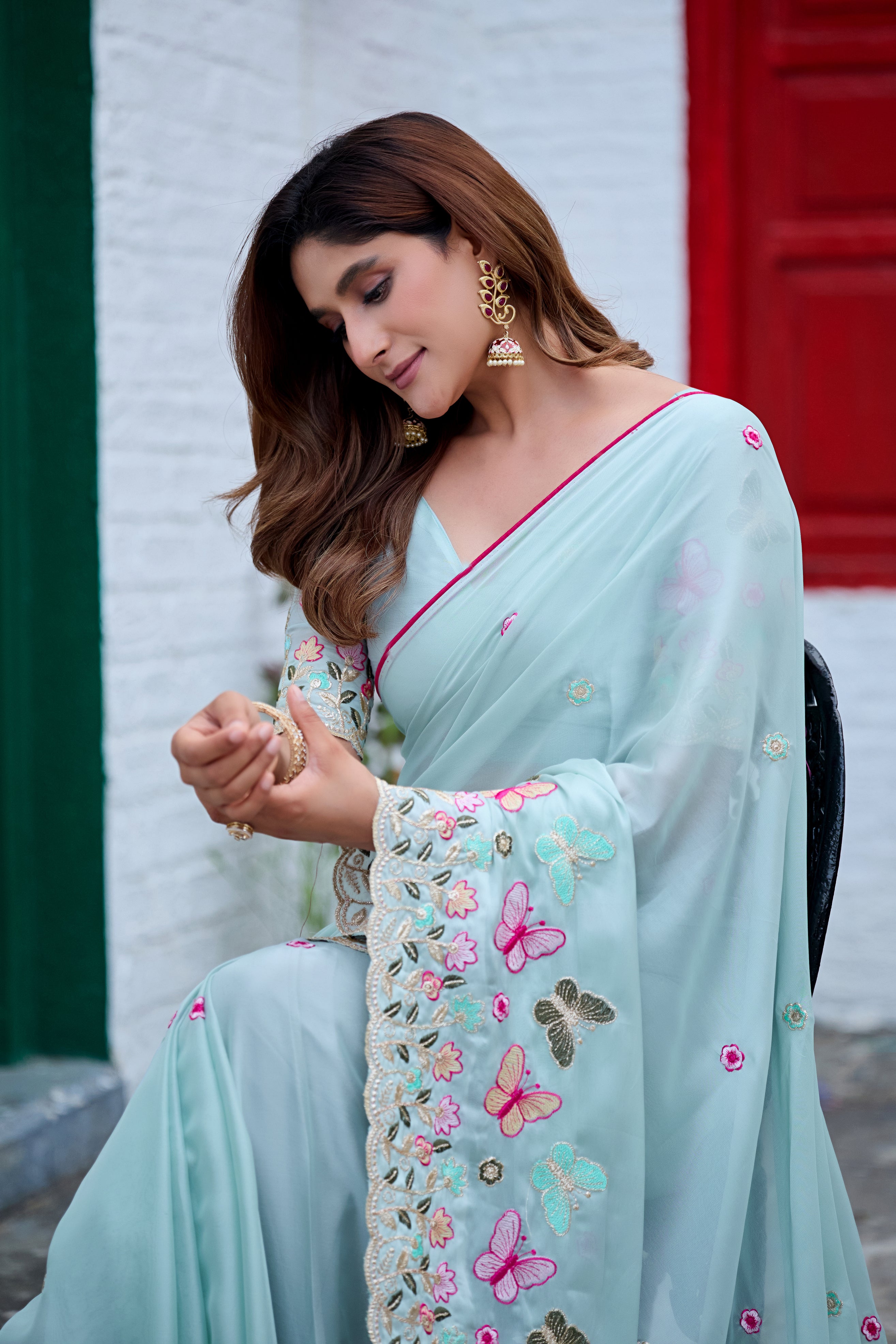 SHIKHA Georgette Embellished Embroidered Saree - Light Sky
