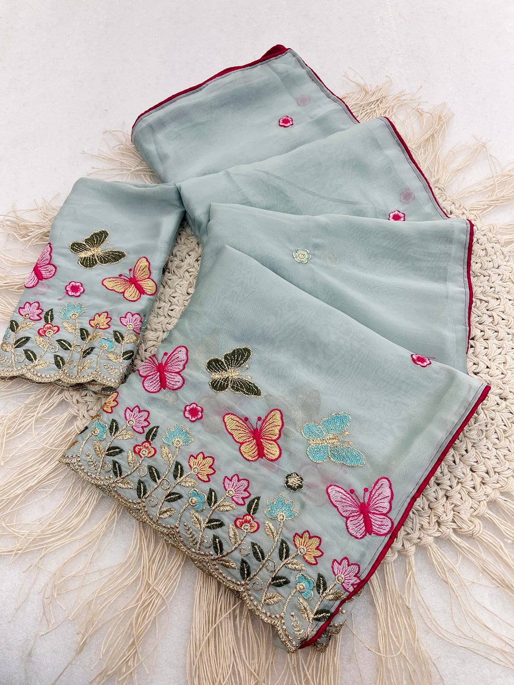 SHIKHA Georgette Embellished Embroidered Saree - Light Sky