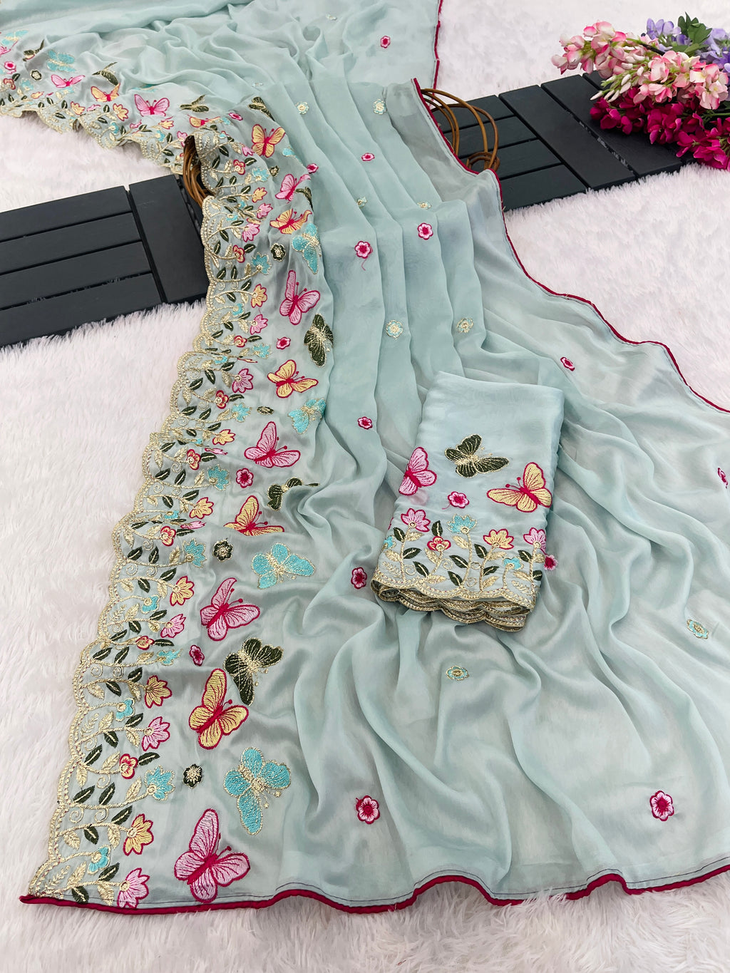 SHIKHA Georgette Embellished Embroidered Saree - Light Sky