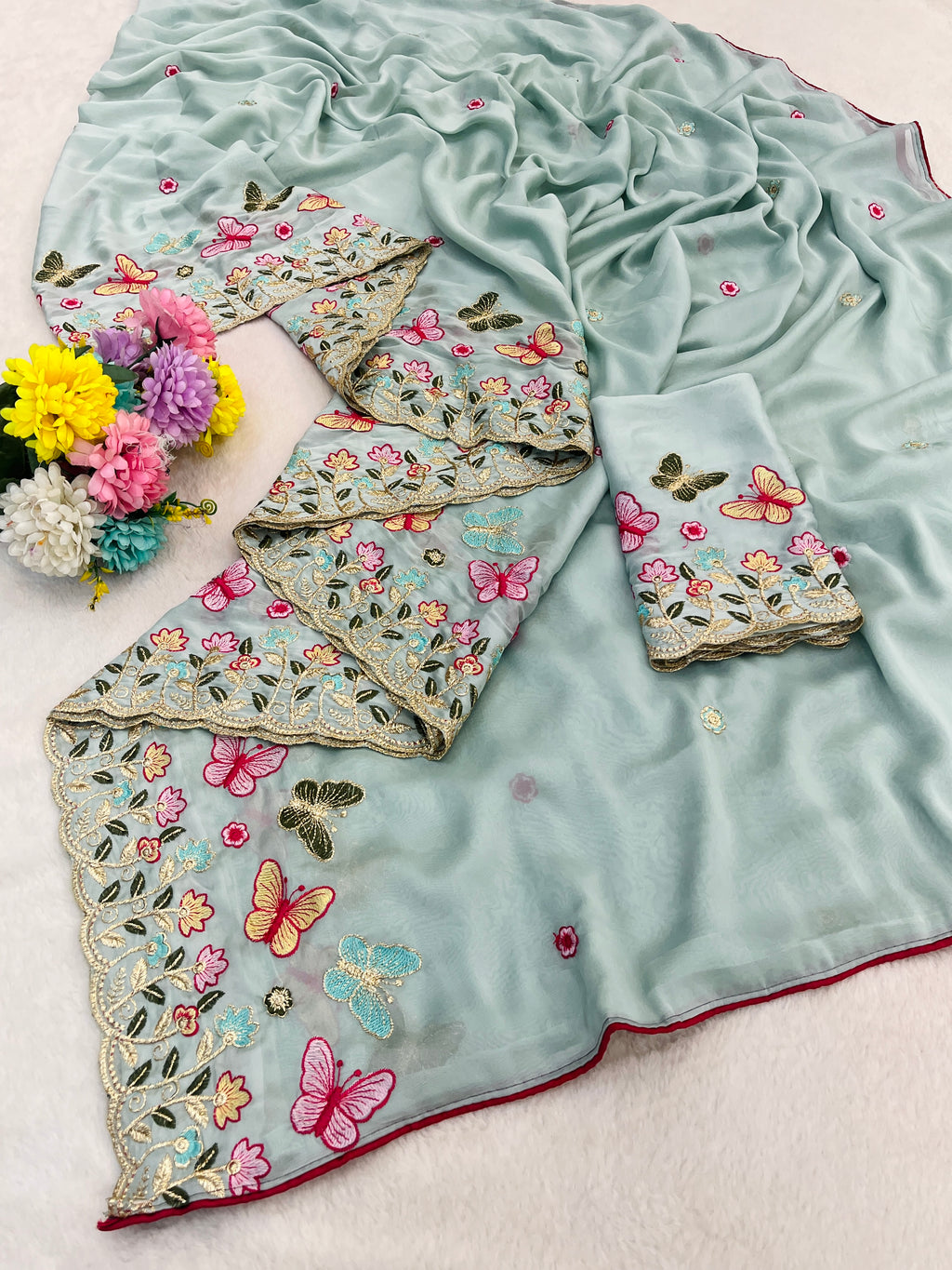 SHIKHA Georgette Embellished Embroidered Saree - Light Sky
