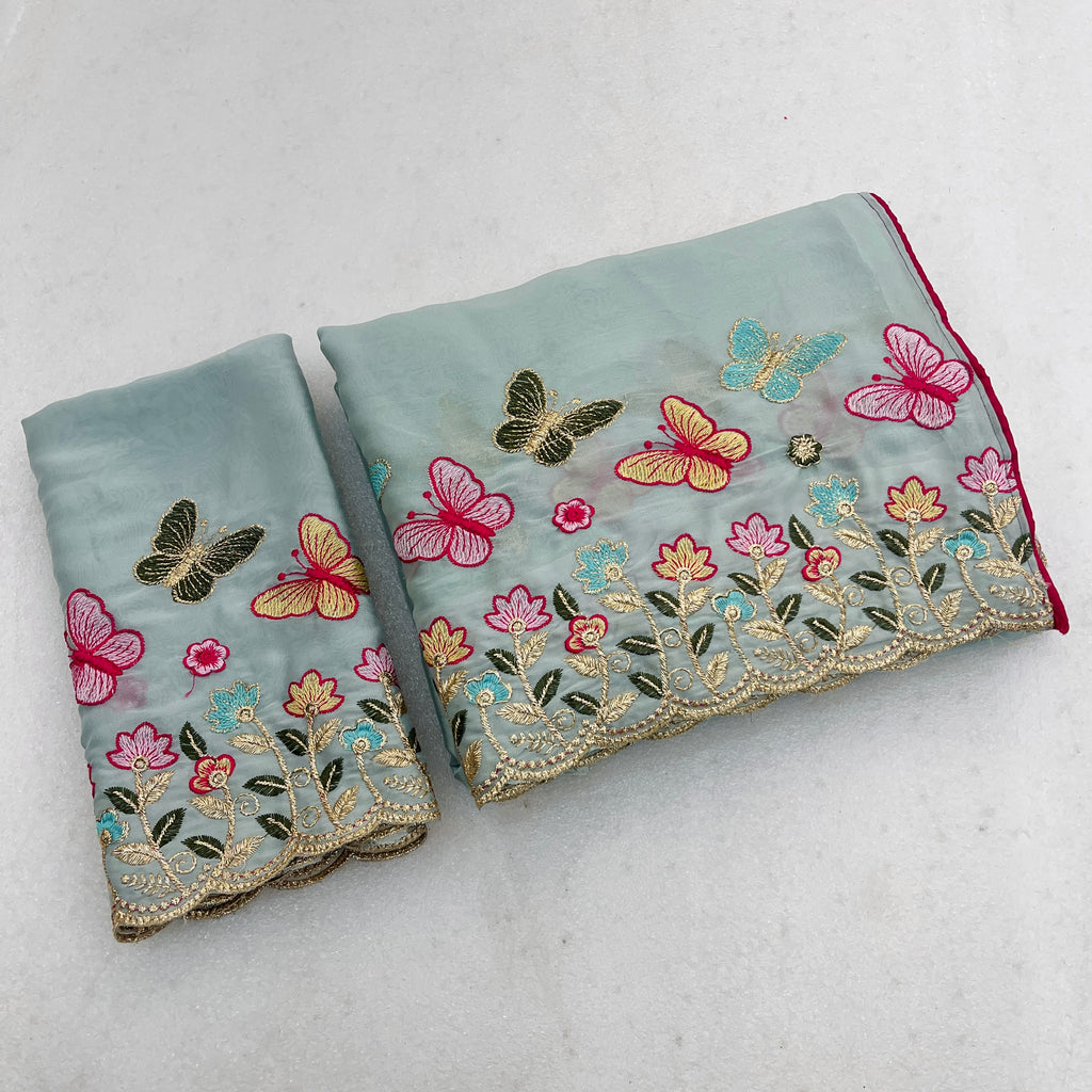SHIKHA Georgette Embellished Embroidered Saree - Light Sky